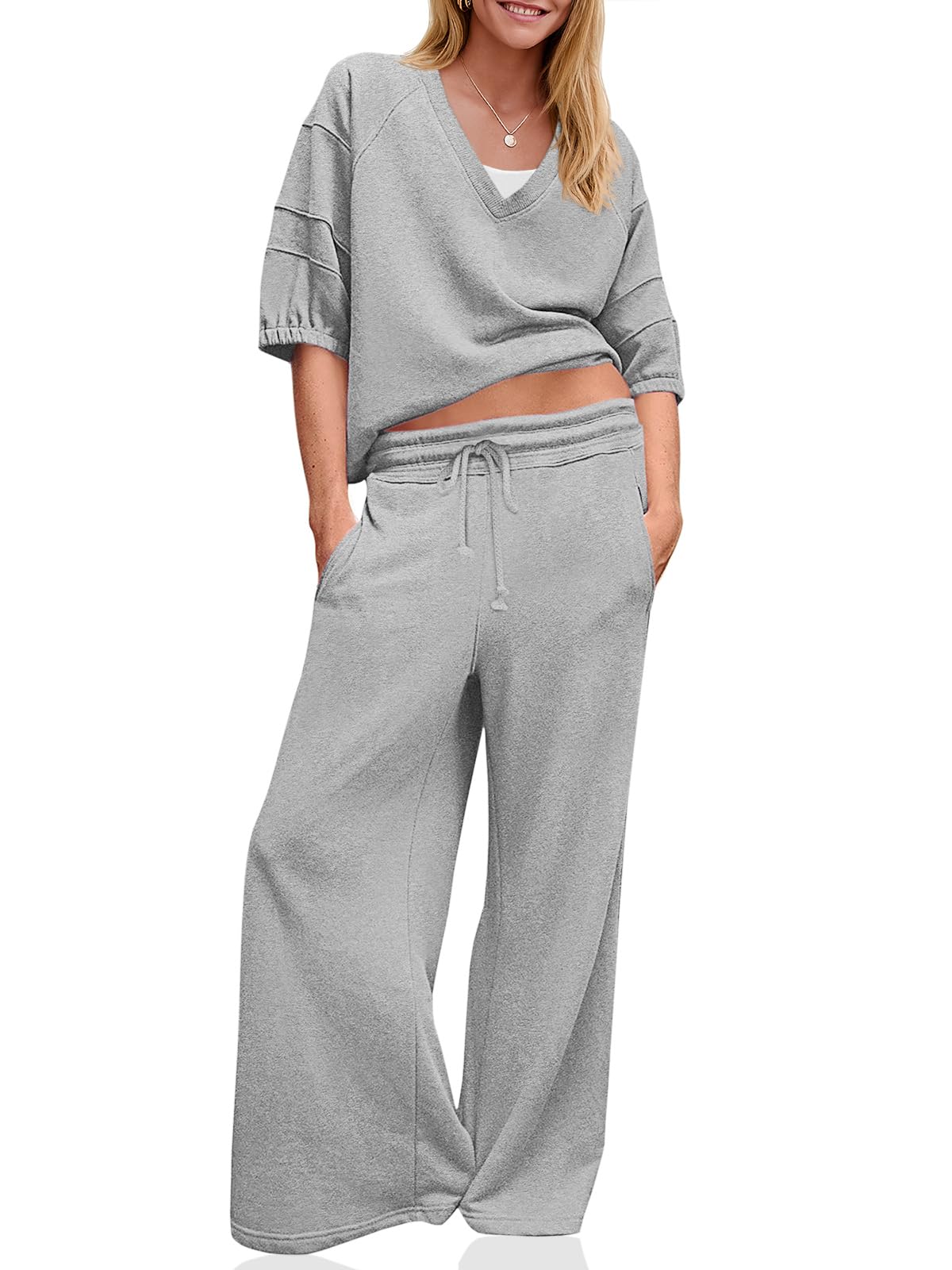 Womens Casual V Neck Shirts Wide Leg Running Long Pants 2 Piece Outfits