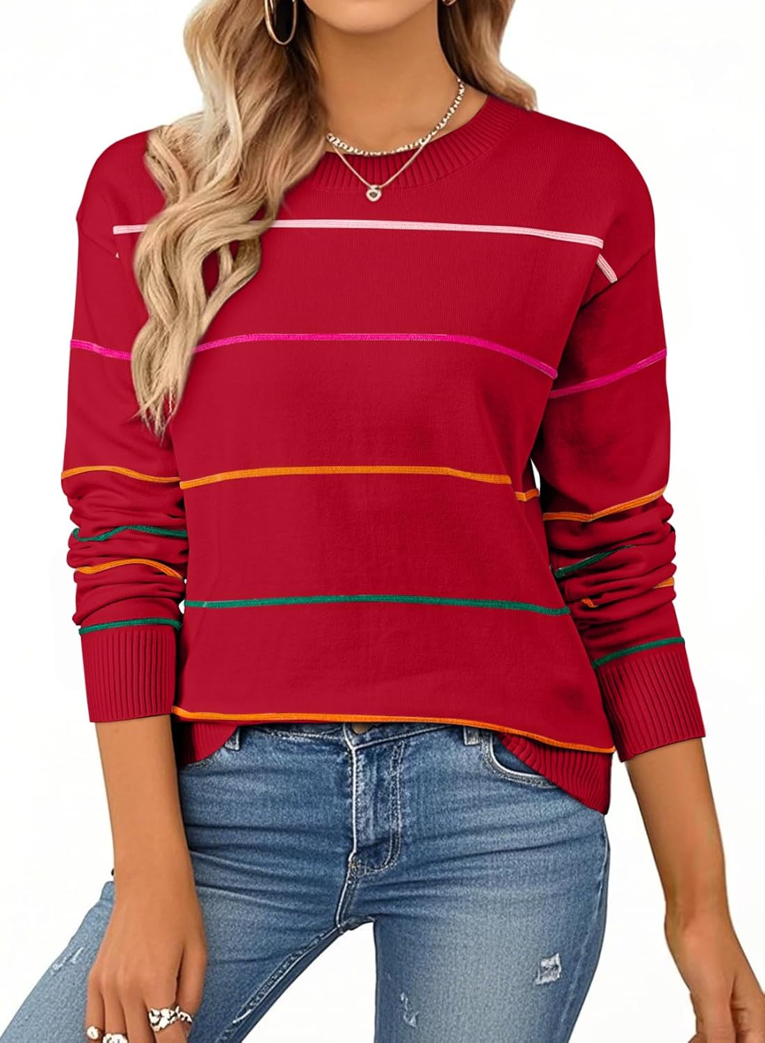 Womens Crew Neck Knit Long Sleeve Striped Sweater