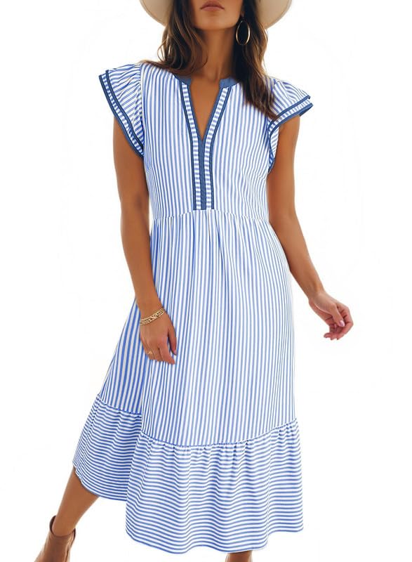 Womens Stripe Double Ruffled Short Sleeve Contrast Trim V Neck Midi Dress with Pockets