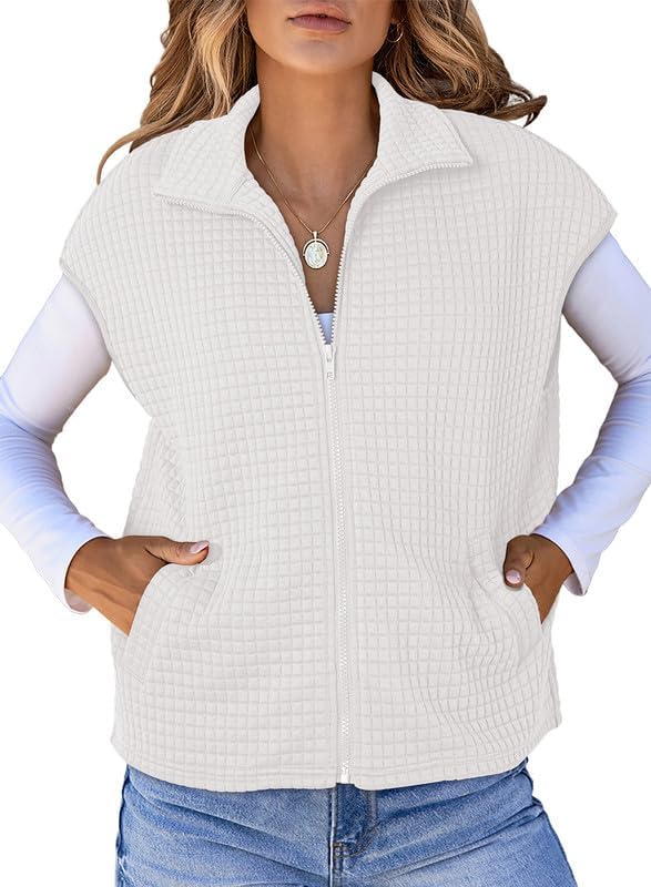 Womens Zipper Up Cap Sleeve Side Pockets Waffle Knit Sleeveless Oversized Vest Tops