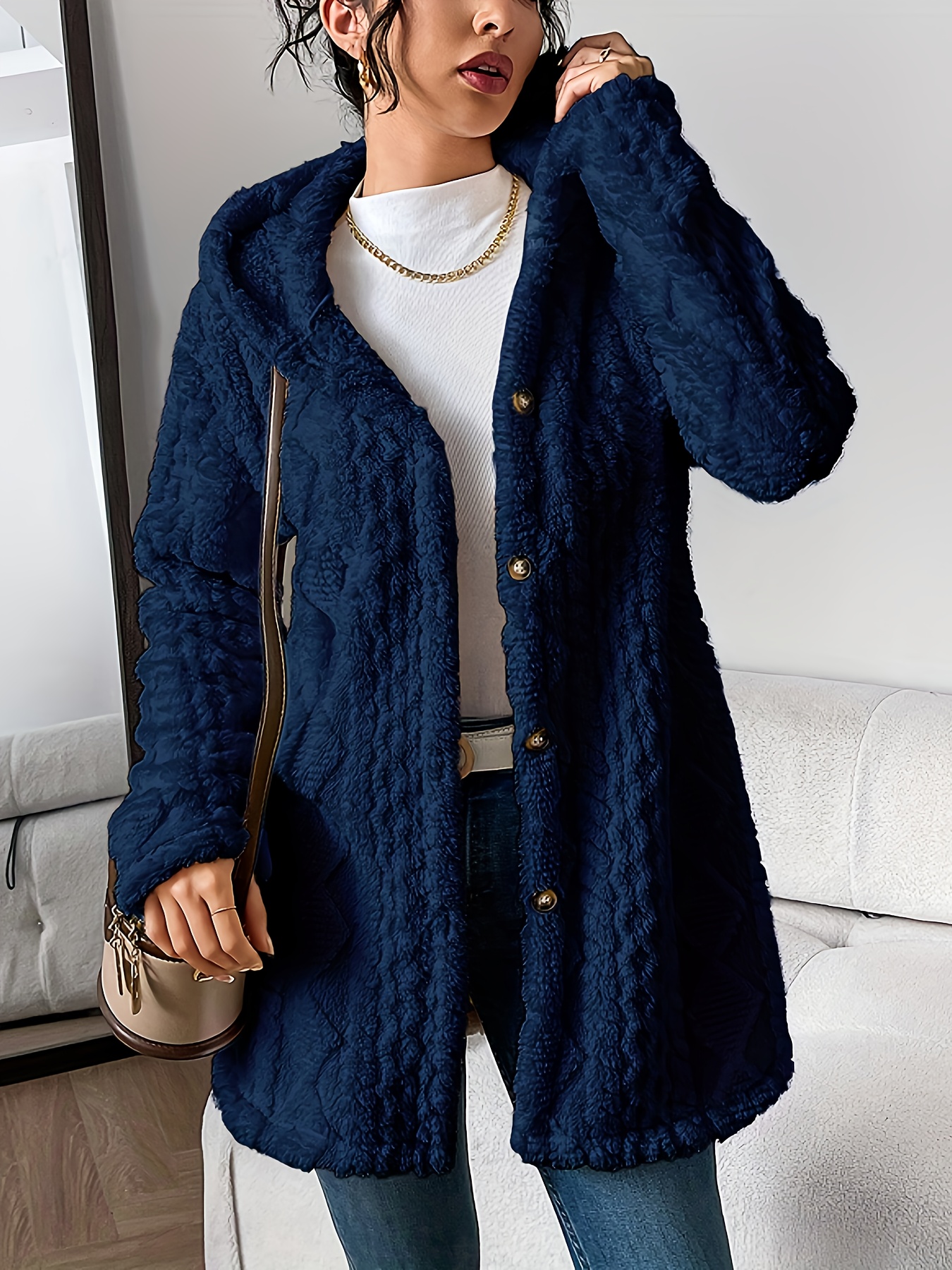 Womens Fuzzy Fleece Button Down Jacket Hooded Open Front Cardigan Sweater(BUY 2 FREE SHIPPING)