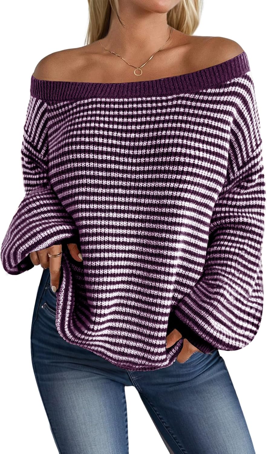 Women's Striped Off Shoulder Casual Oversized Knitted Sweater Pullovers