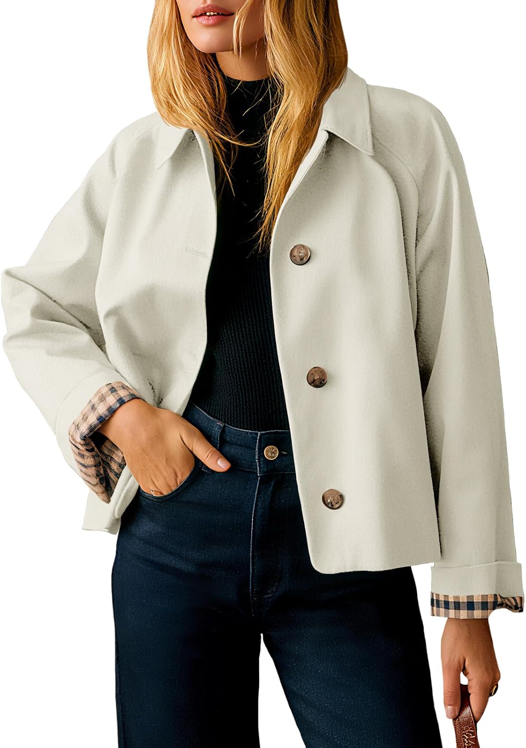 Womens Cropped Trench Coat Lightweight Single Breasted Jacket