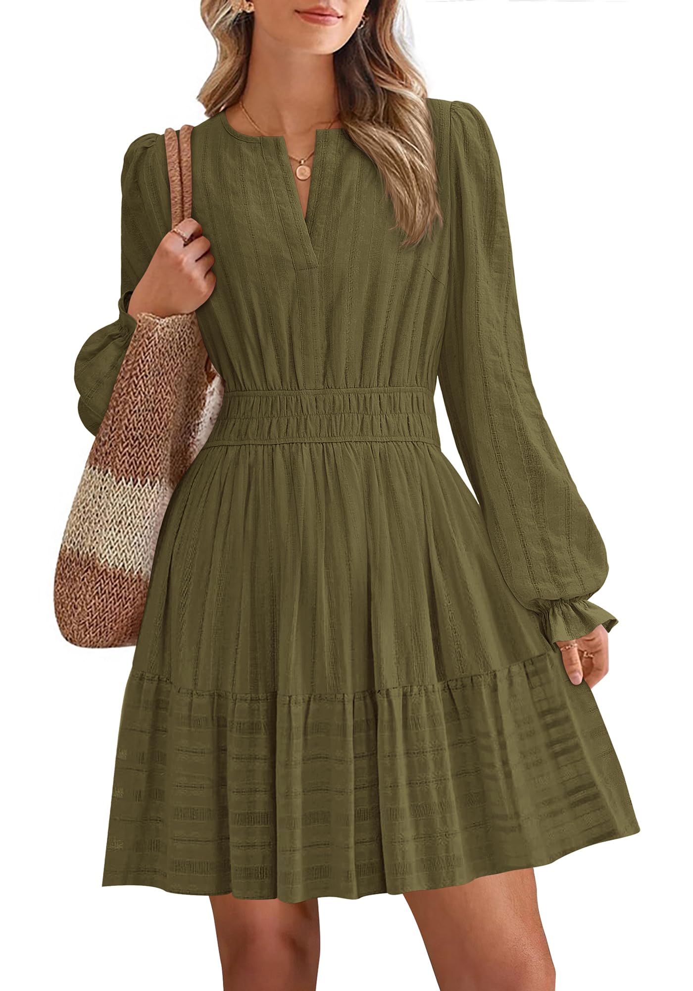 Women 2026 Casual Lightweight Long Sleeve V Neck A Line Elastic Waist Mini Dresses(50% OFF!!!)