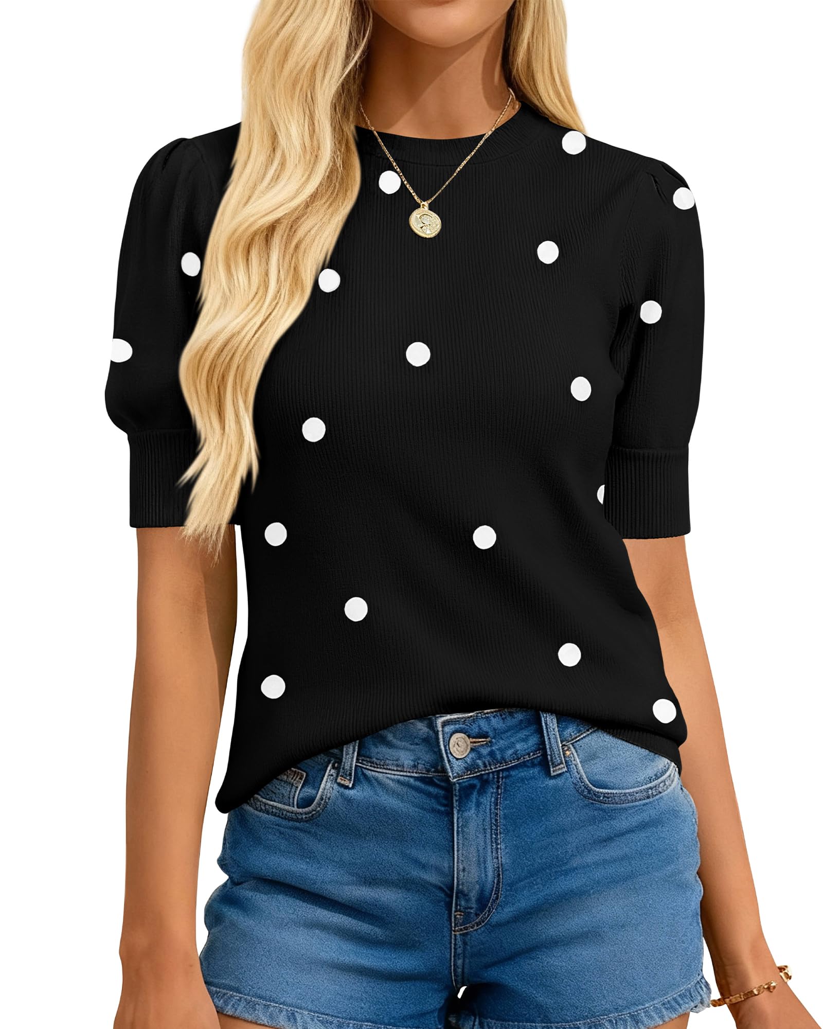 Womens Polka Dot Short Sleeve Crew Neck Sweater(buy 2 free shipping)