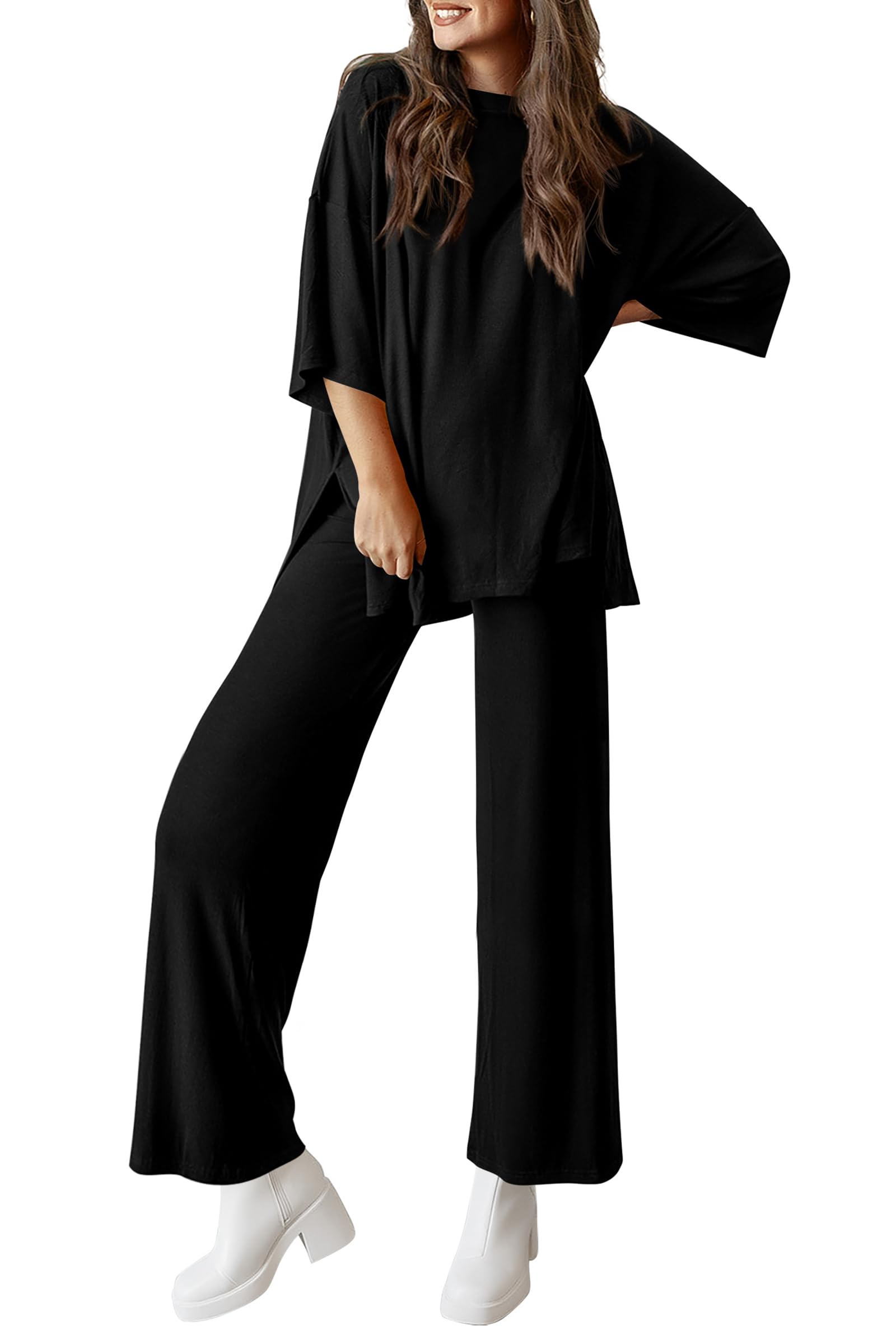 ⏰Hot Sale-Women's 2 Piece Outfits Casual Short Tops and Wide Leg Pants Lounge Sets (Buy 2 Free Shipping)