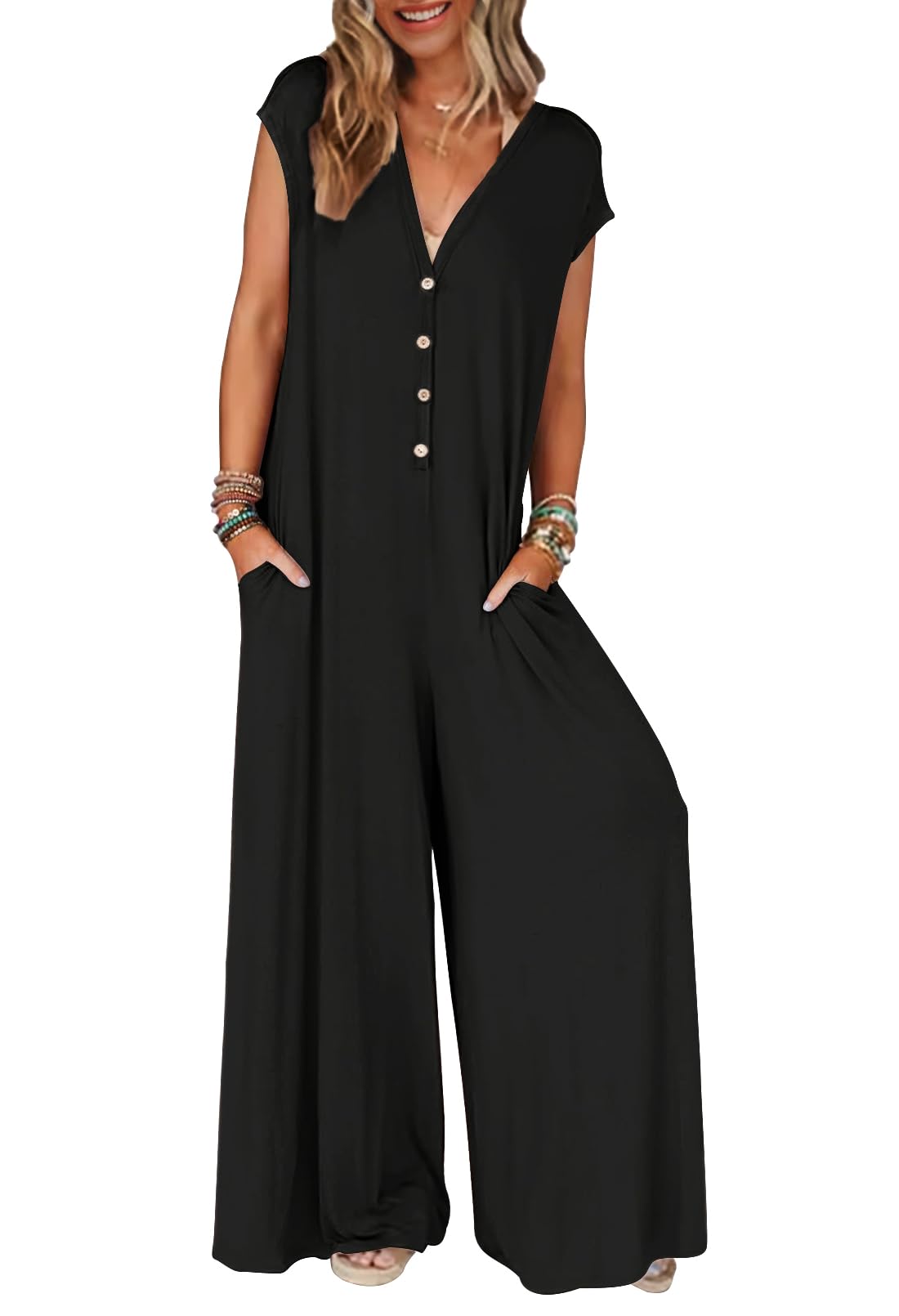 Women's 2025 Summer Cap Sleeve Jumpsuits Deep V Neck Button Onesie Wide Leg Pants Rompers(buy 2 free shipping)