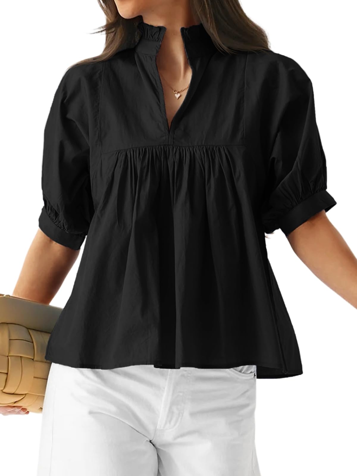 Womens Puff Sleeve V Neck Blouse Pleated Babydoll Peplum Tops