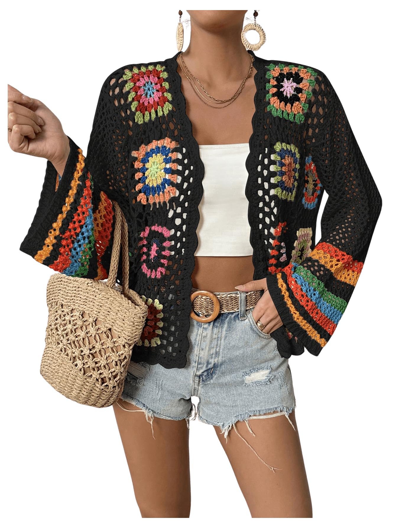 Women's Floral Crochet Cardigan Hollow Out Open Front Long Sleeve Cardigan