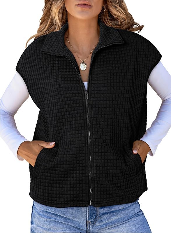 Womens Zipper Up Cap Sleeve Side Pockets Waffle Knit Sleeveless Oversized Vest Tops