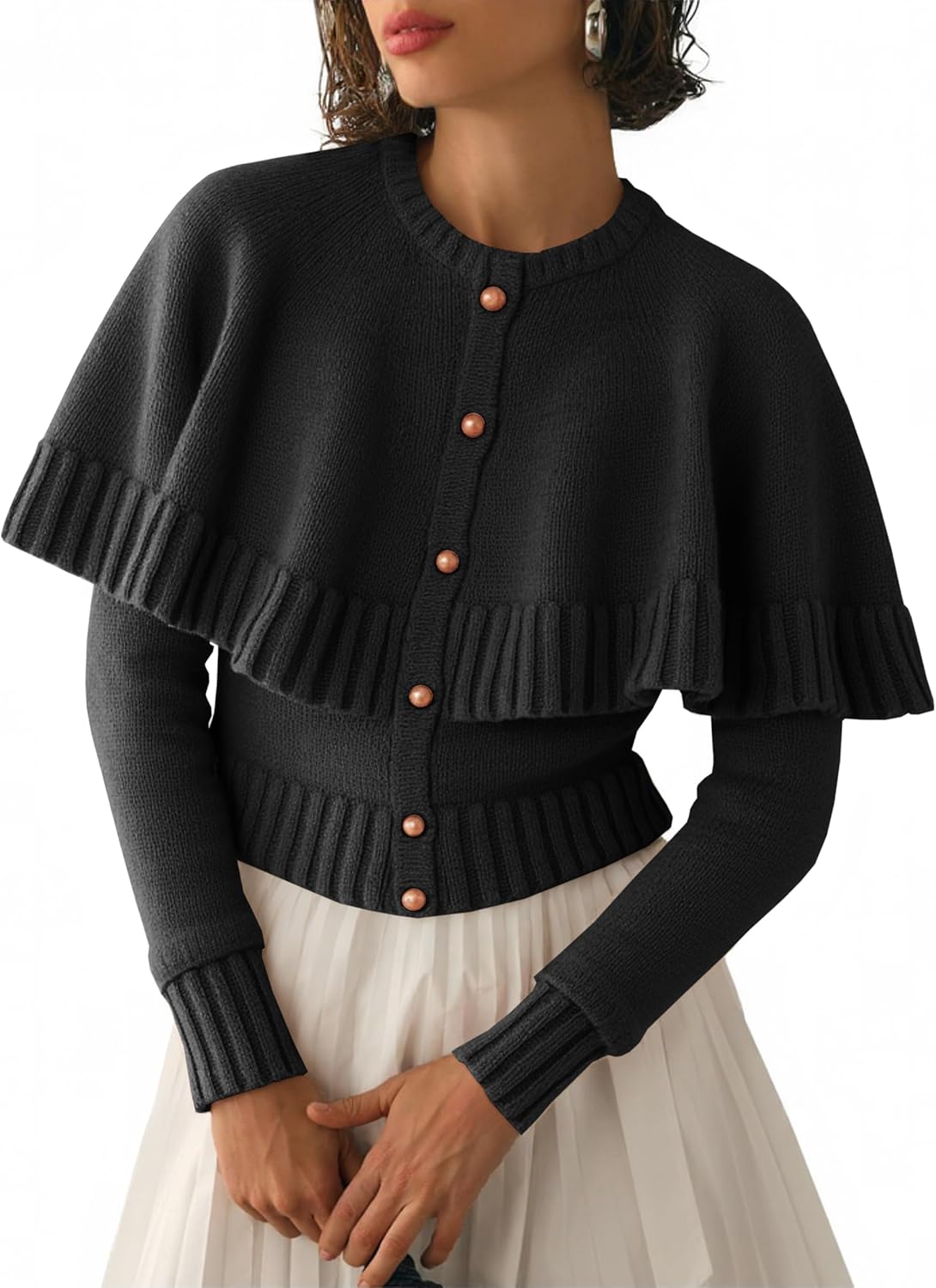 Womens Cropped Cardigan Sweater Long Sleeve Knit Button Up Cape Sweaters