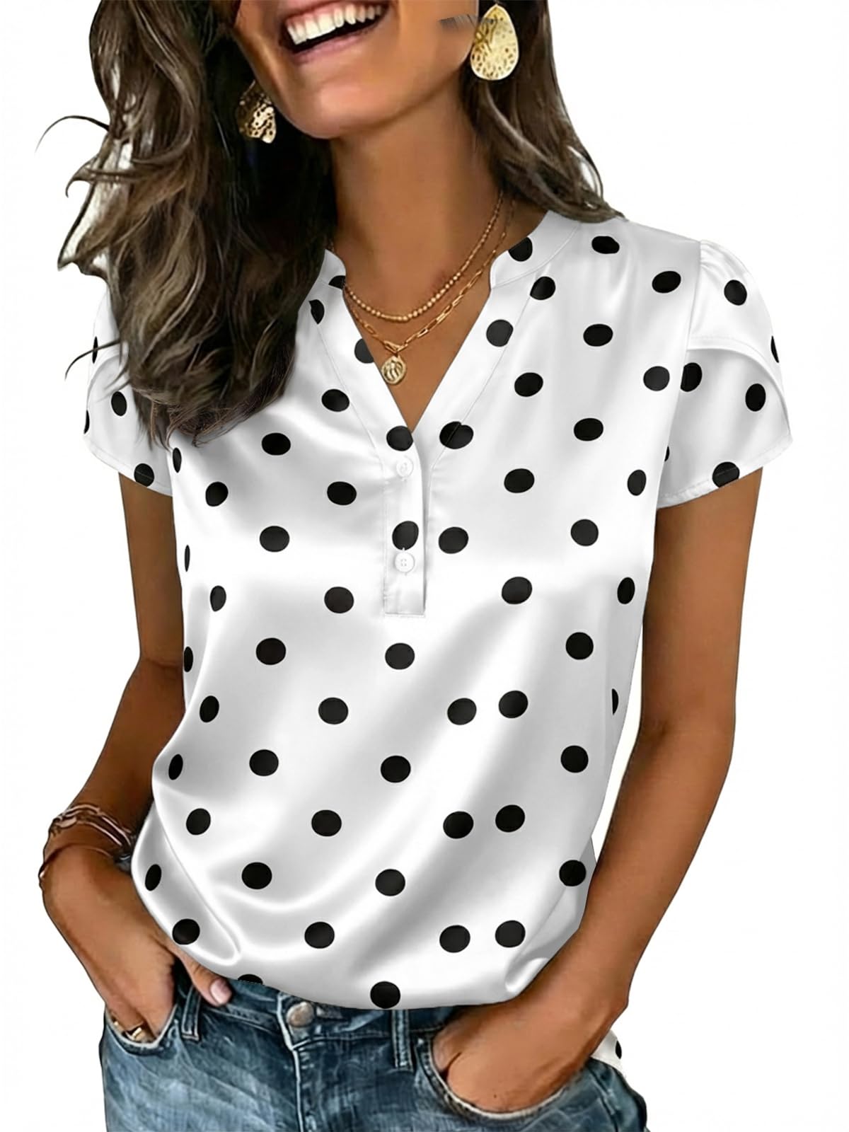 Women Casual Cap Sleeve V Neck Button Down Shirts