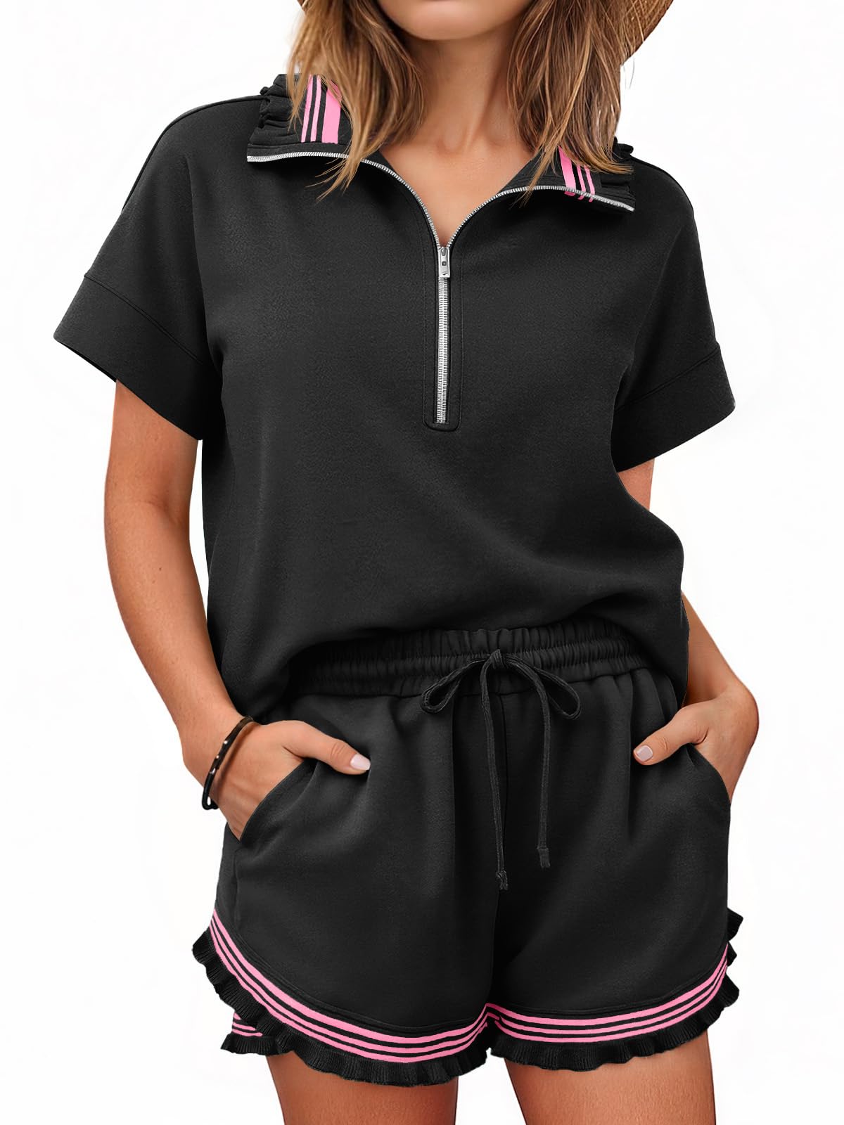 Women Summer Half Zip Ruffle Tops Matching Sets 2 Piece Outfits Short Sets