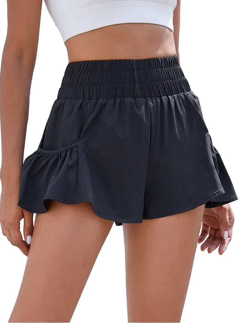 Women High Waisted Elastic Running Shorts Gym Workout Flowy Shorts with Pockets