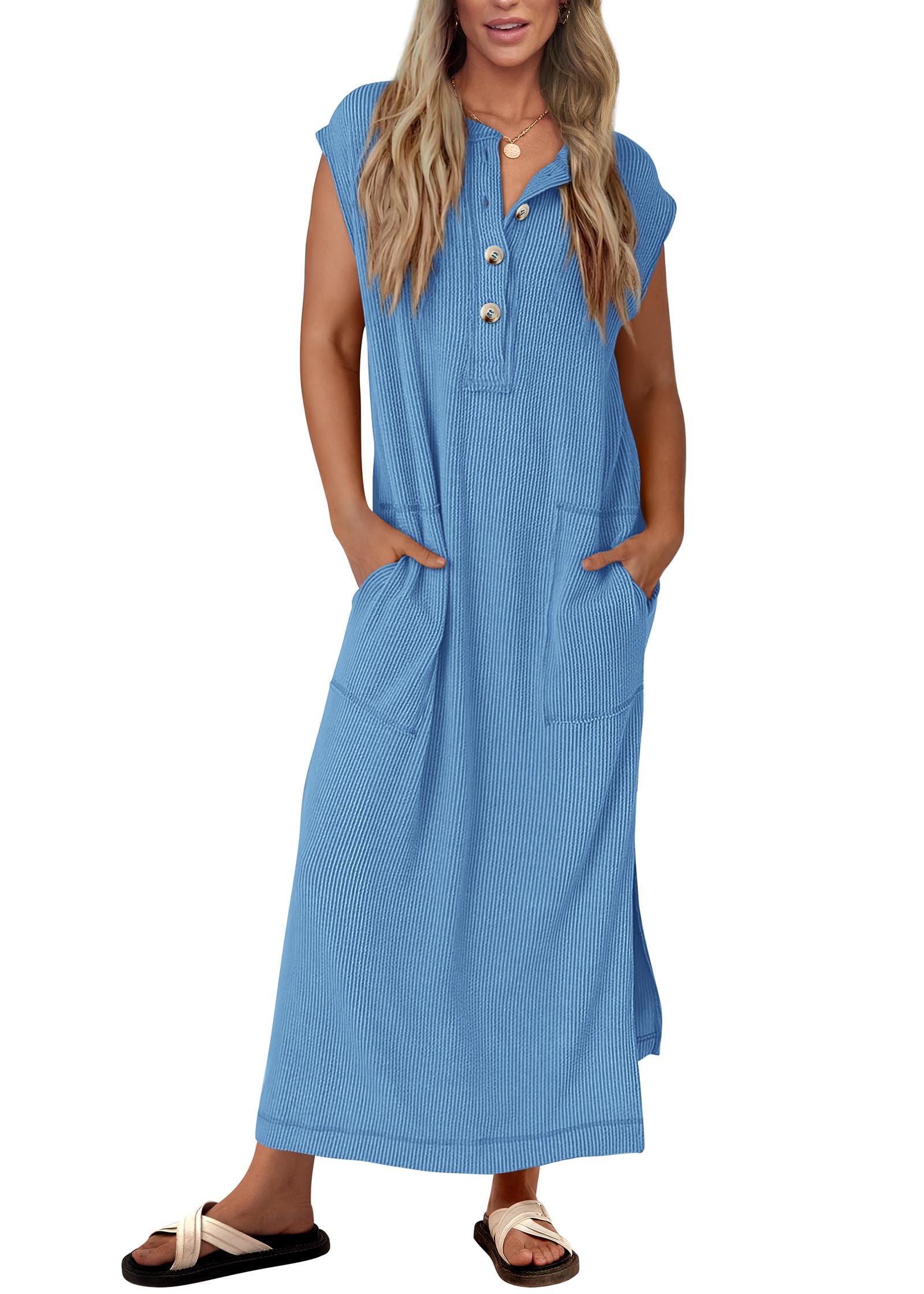 Womens Ribbed Knit Henley Short Sleeve Button Up Loose Maxi Dress