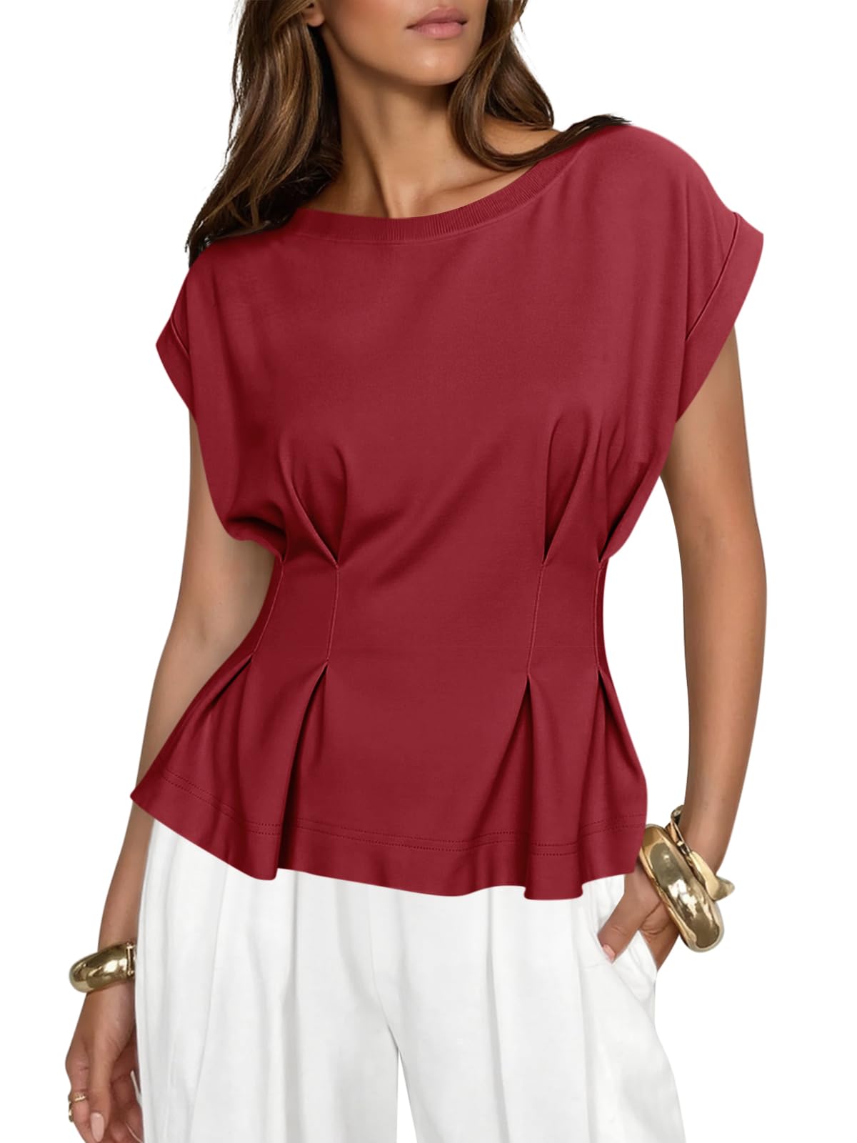 Womens Cap Sleeve T-Shirts Dressy Casual Crew Neck Pleated Blouses