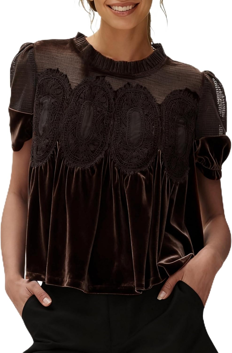 Women's Velvet Lace Blouse Casual Round Neck Short Sleeve Flared Swing Top