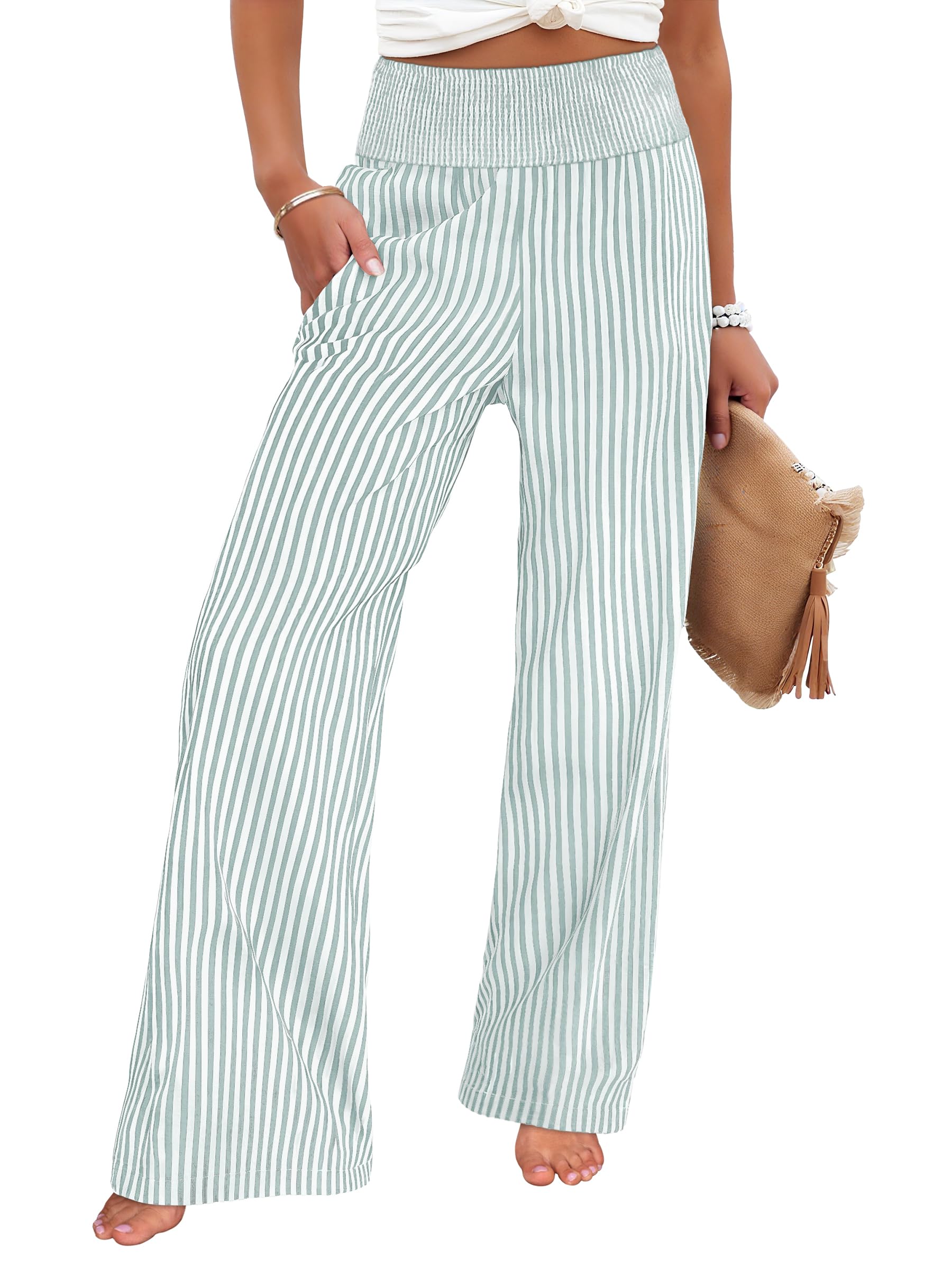Womens Striped Palazzo Pants Wide Leg High Waisted Trousers with Pockets