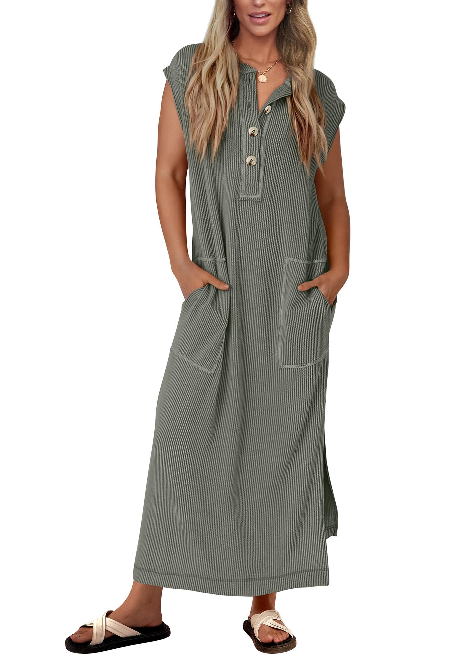Womens Ribbed Knit Henley Short Sleeve Button Up Loose Maxi Dress