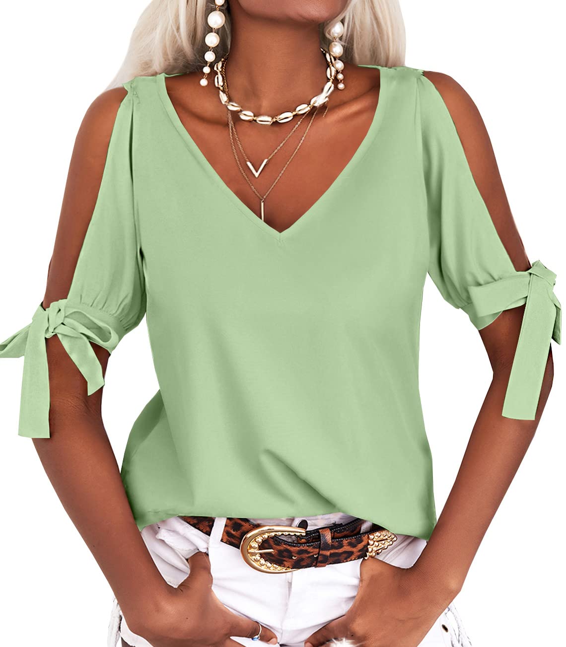 Women's Short Sleeve V-Neck Casual Loose Cutout Blouse
