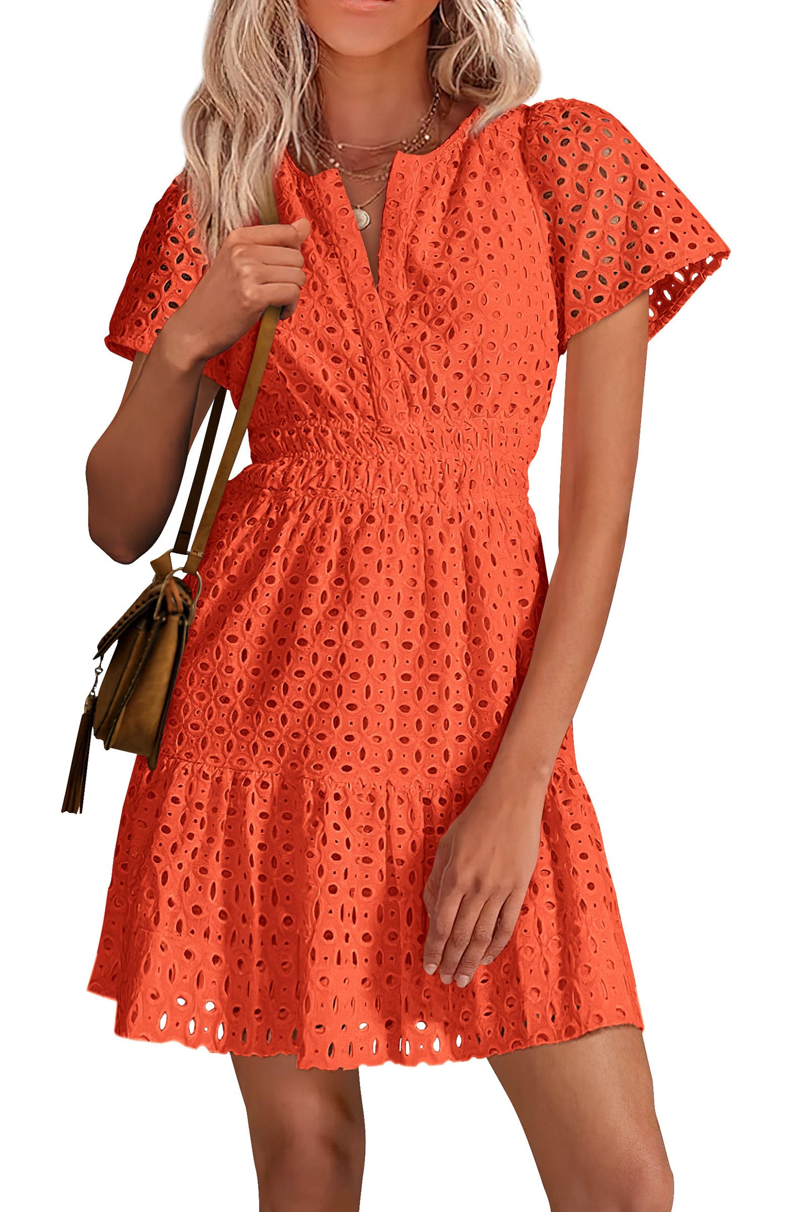 Women's Short Sleeve V Neck A Line Hollow Out Lace Dress
