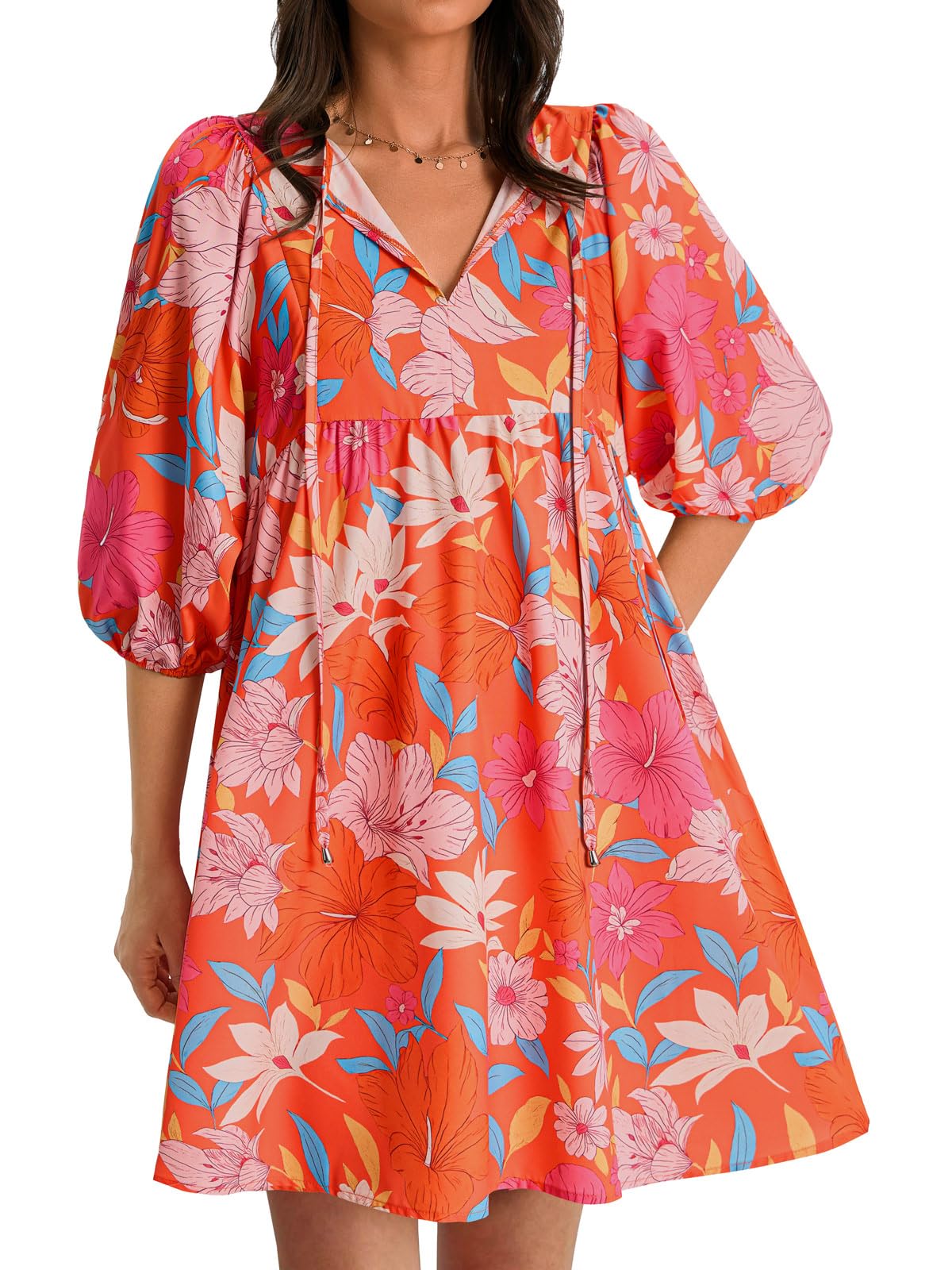 Womens V Neck Puff Sleeve Floral Mini Babydoll Dress with Pockets