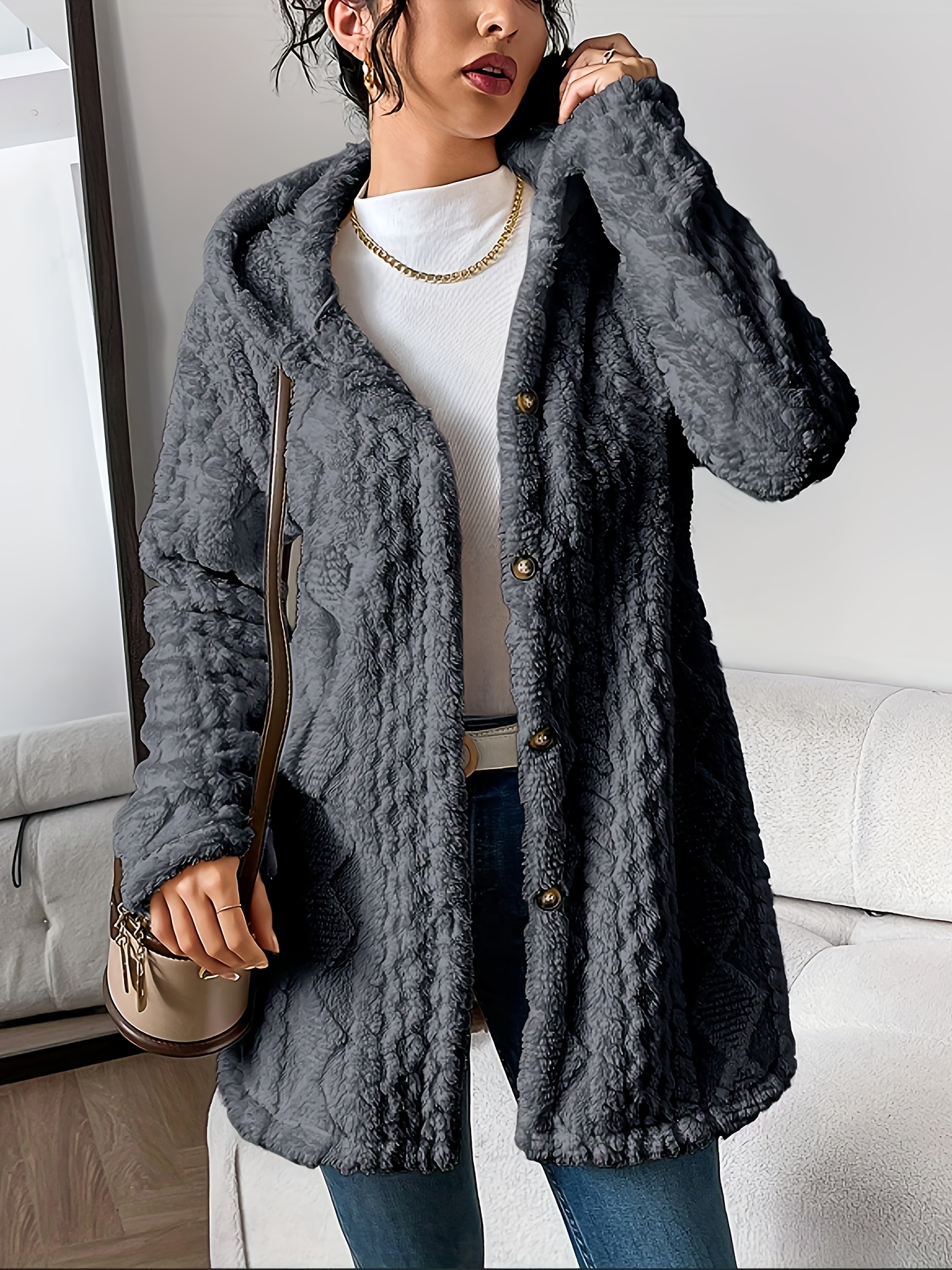 Womens Fuzzy Fleece Button Down Jacket Hooded Open Front Cardigan Sweater(BUY 2 FREE SHIPPING)