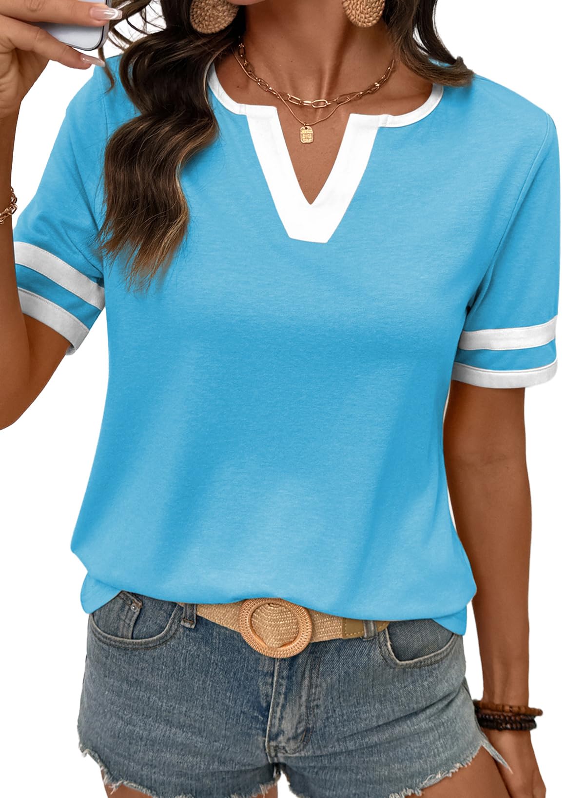 Women's Summer Tops V Neck Short Sleeve T-Shirts Colorblock Casual Tees