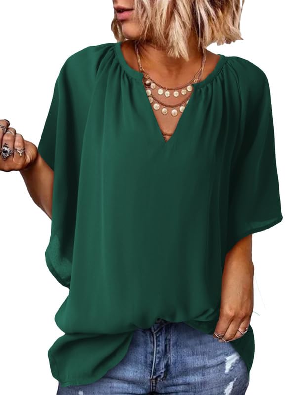2025 New Women's V Neck 3/4 Batwing Sleeve Blouse Pleated Flowy Tunic Tops(BUY 3 FRE SHIPPING)