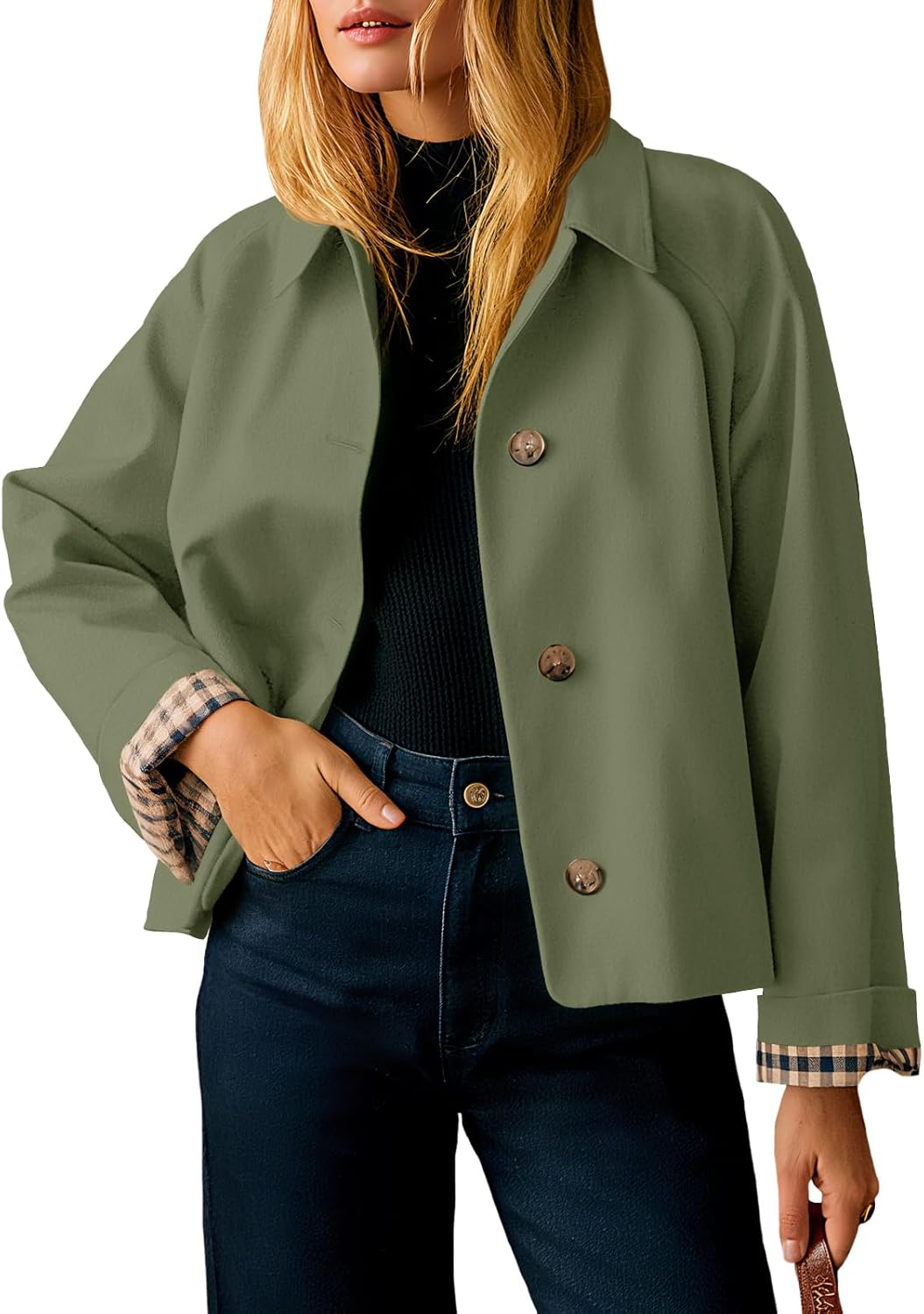 Womens Cropped Trench Coat Lightweight Single Breasted Jacket