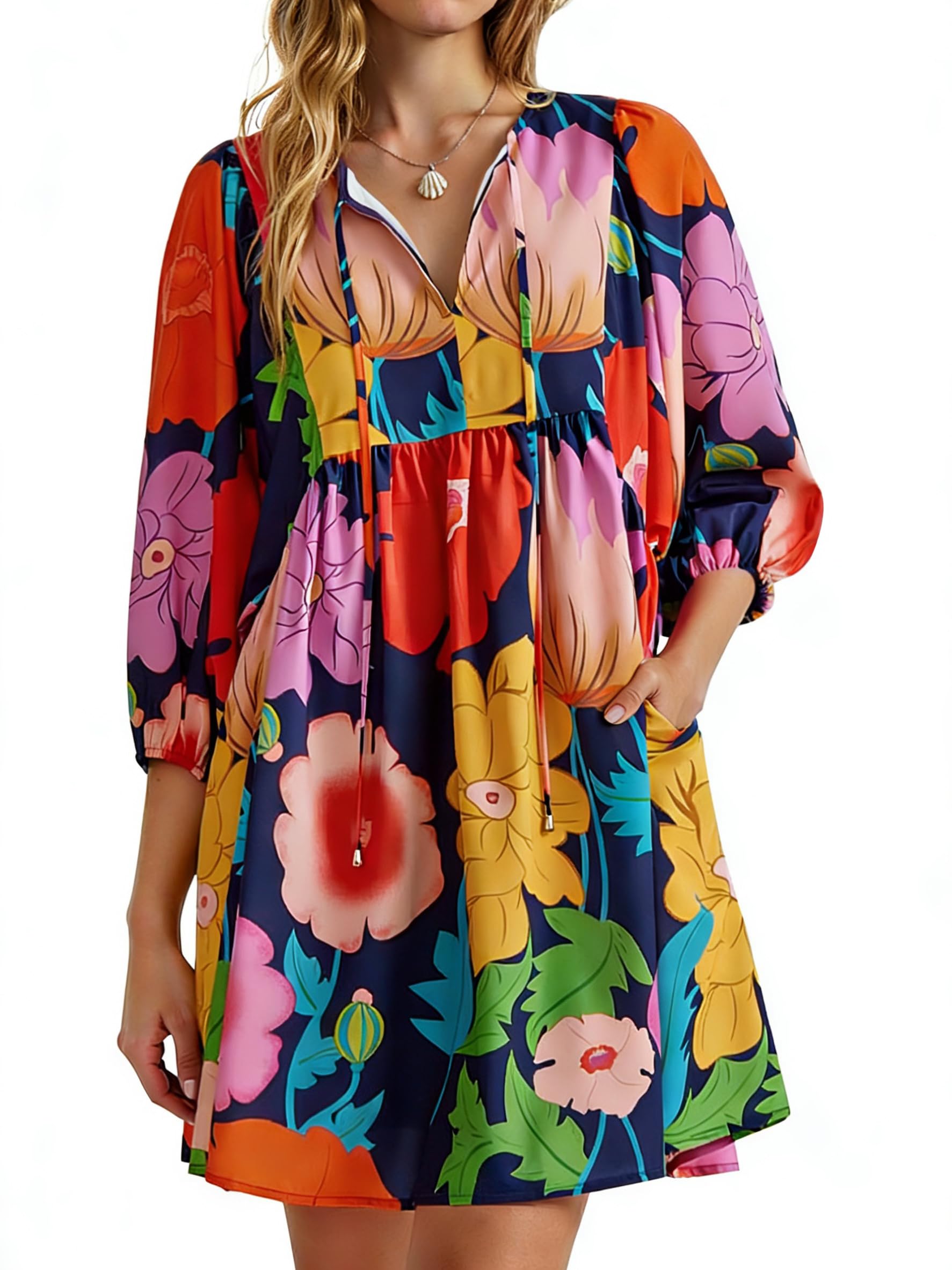 Womens V Neck Puff Sleeve Floral Mini Babydoll Dress with Pockets