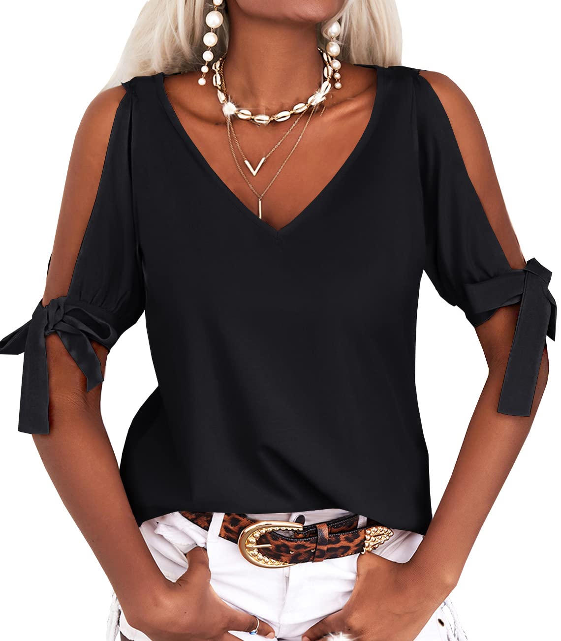 Women's Short Sleeve V-Neck Casual Loose Cutout Blouse