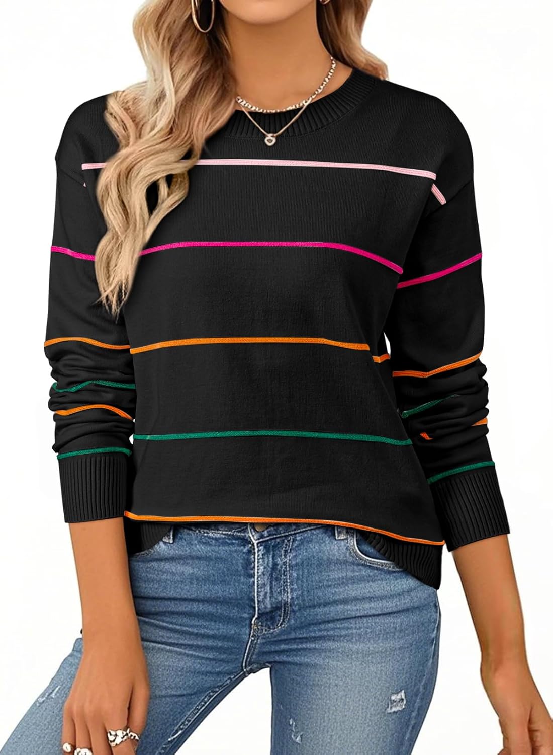 Womens Crew Neck Knit Long Sleeve Striped Sweater