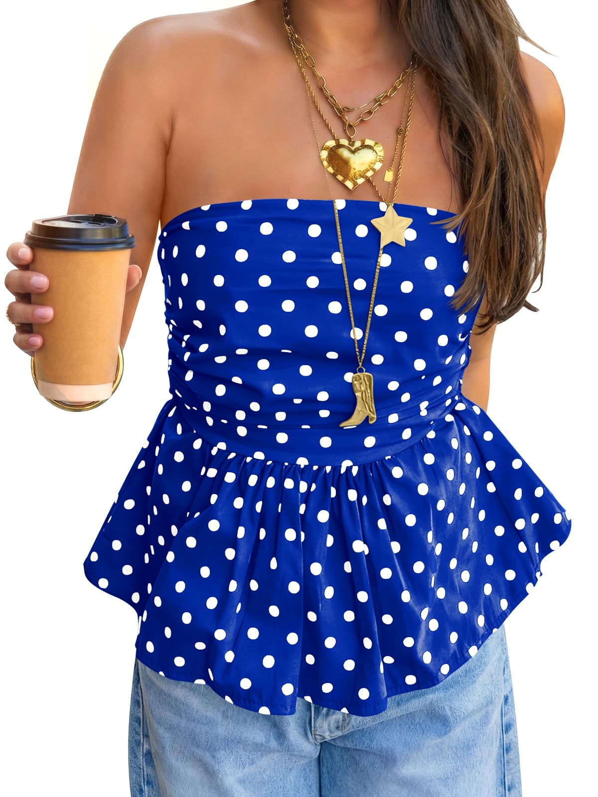 Womens Strapless Polka Dot Tube Tops Cute Backless Peplumn Ruffle Hem Bandeau Top