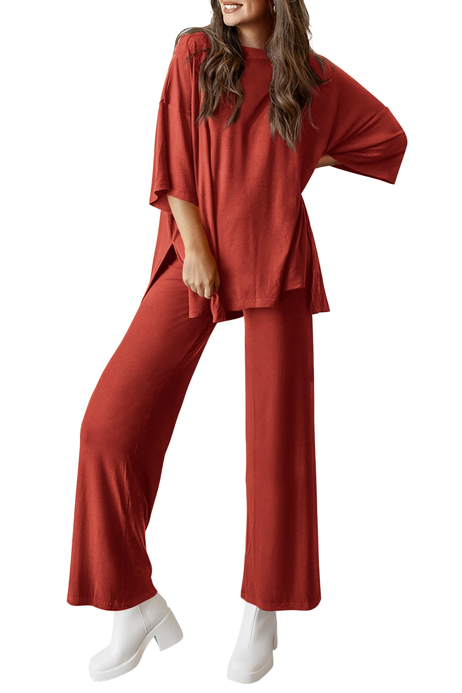 ⏰Hot Sale-Women's 2 Piece Outfits Casual Short Tops and Wide Leg Pants Lounge Sets (Buy 2 Free Shipping)