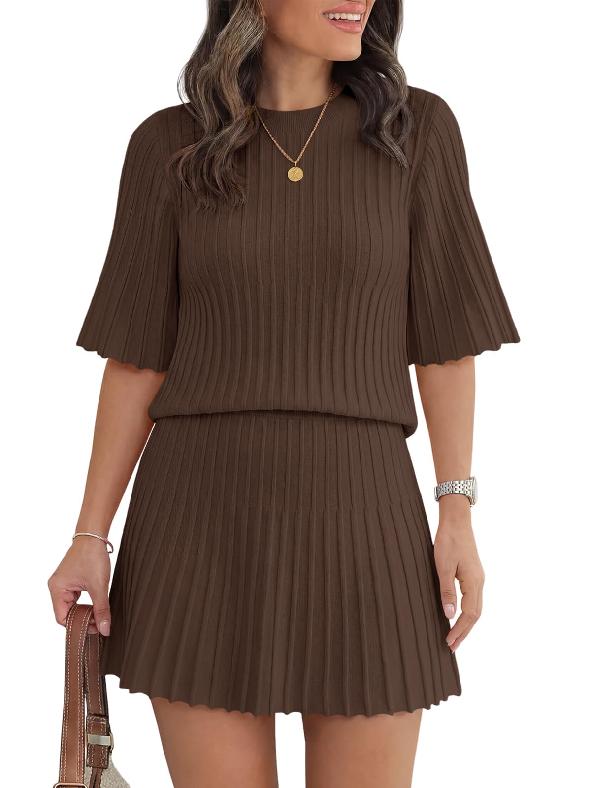 Womens Half Sleeve Ribbed Knit Top and Pleated Skirt Sweater Sets