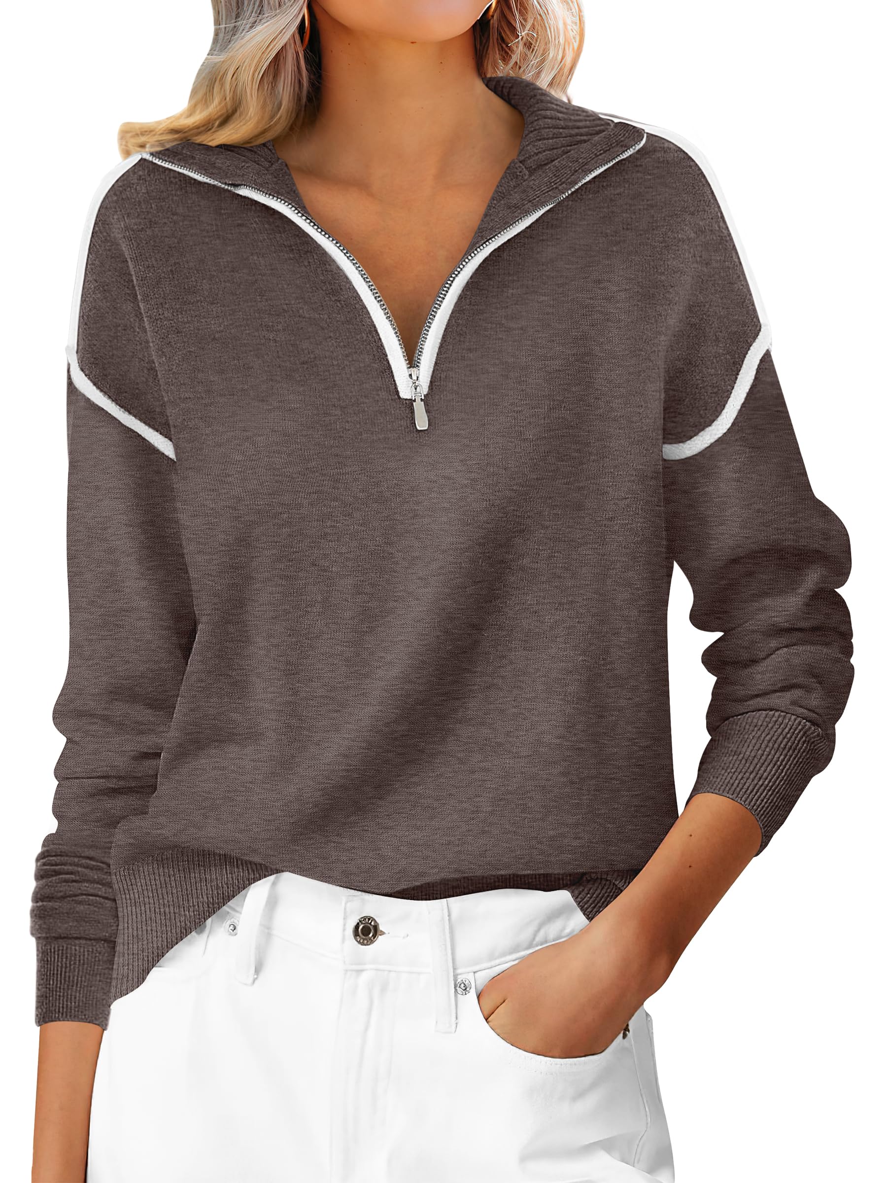 Womens Quarter Zip V Neck Shirts Collared Tops Knit Pullover Sweatshirts
