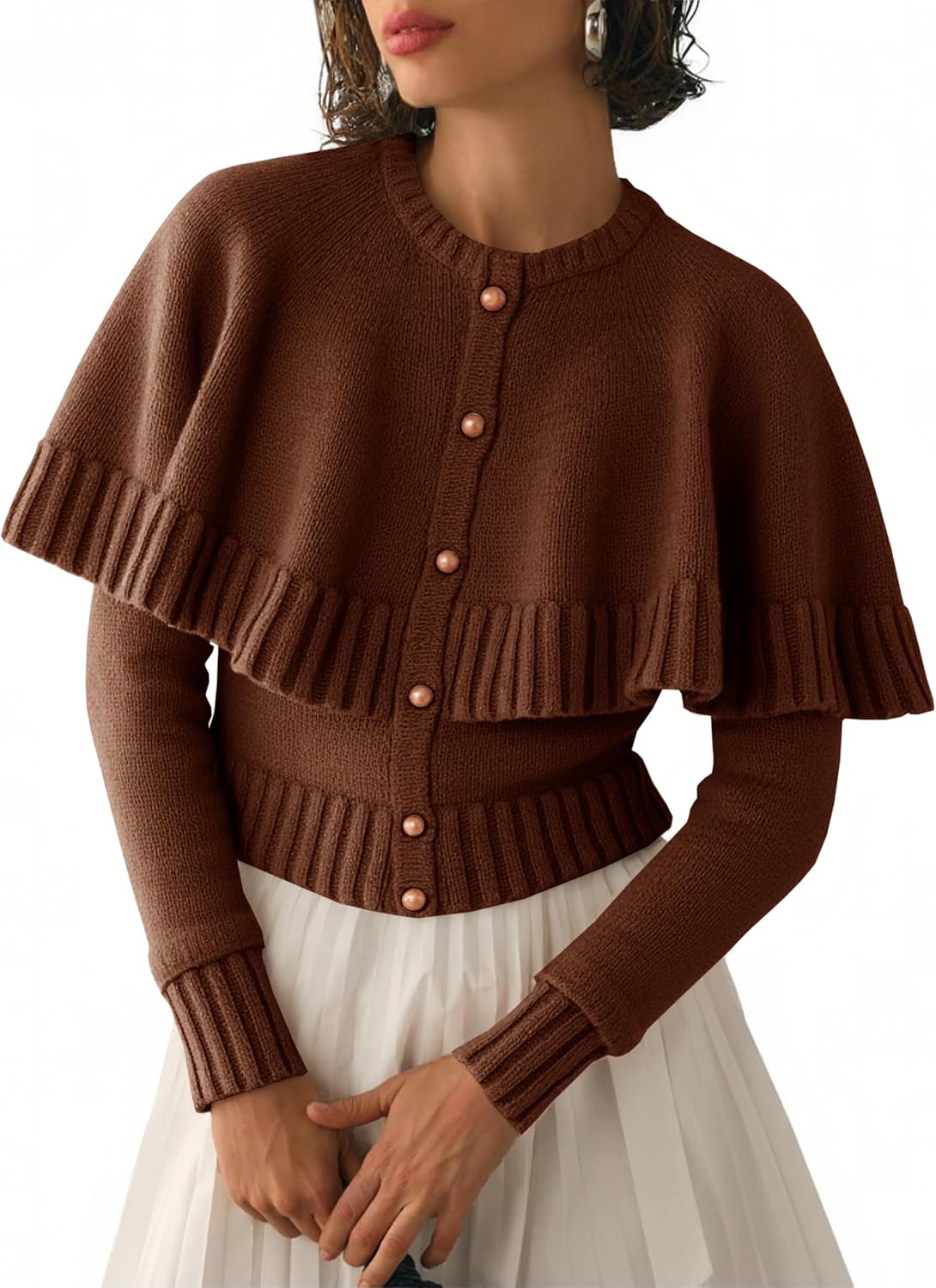 Womens Cropped Cardigan Sweater Long Sleeve Knit Button Up Cape Sweaters