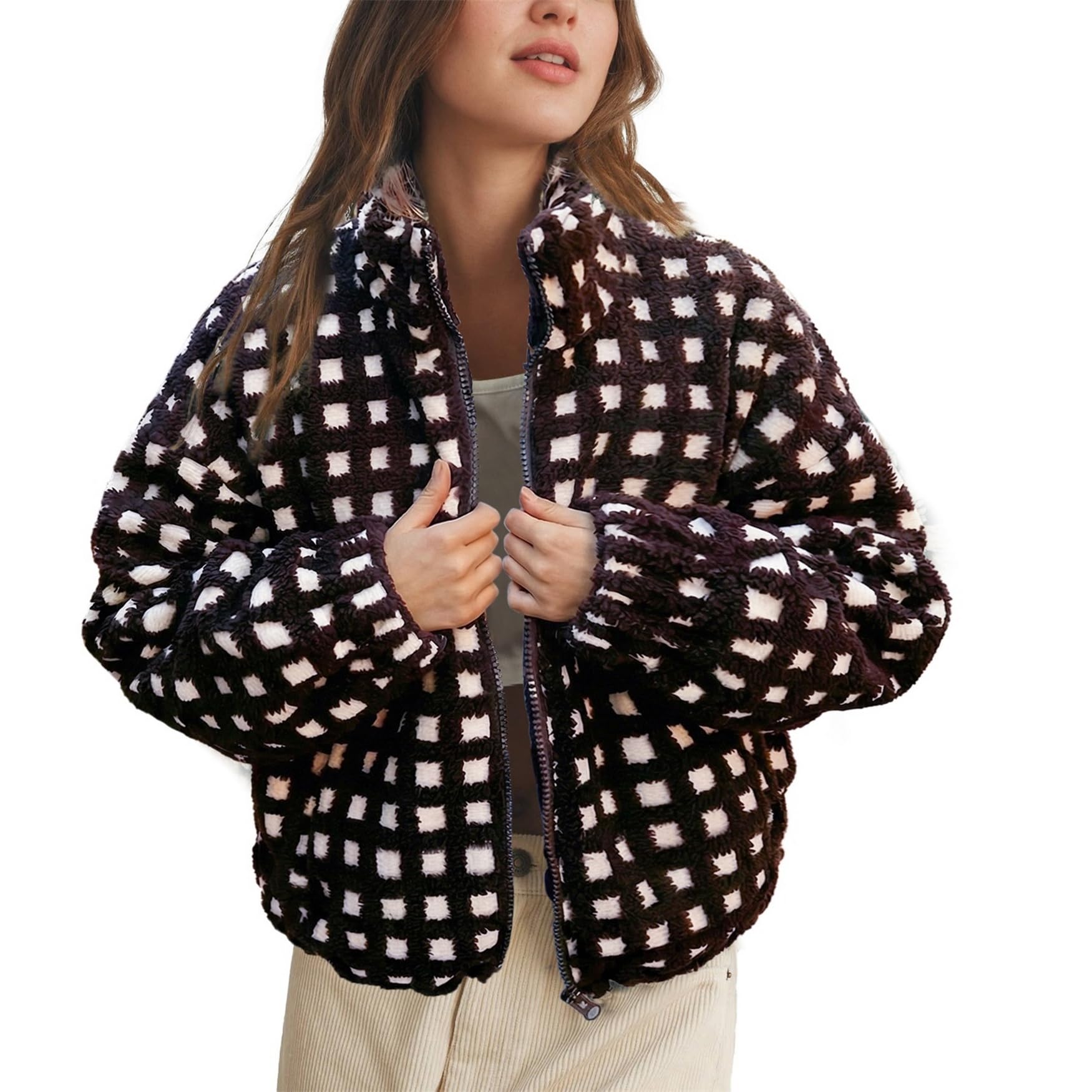 Women’s Cropped Sherpa Fleece Plaid Jacket Chunky Teddy Fleece Outerwear