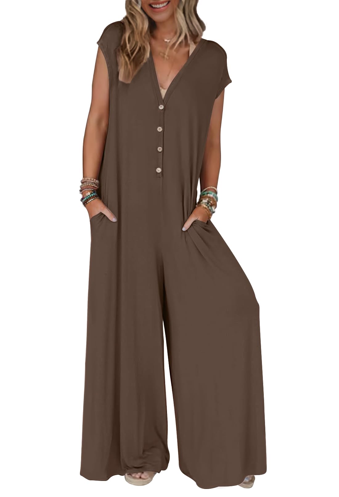Women's 2025 Summer Cap Sleeve Jumpsuits Deep V Neck Button Onesie Wide Leg Pants Rompers(buy 2 free shipping)