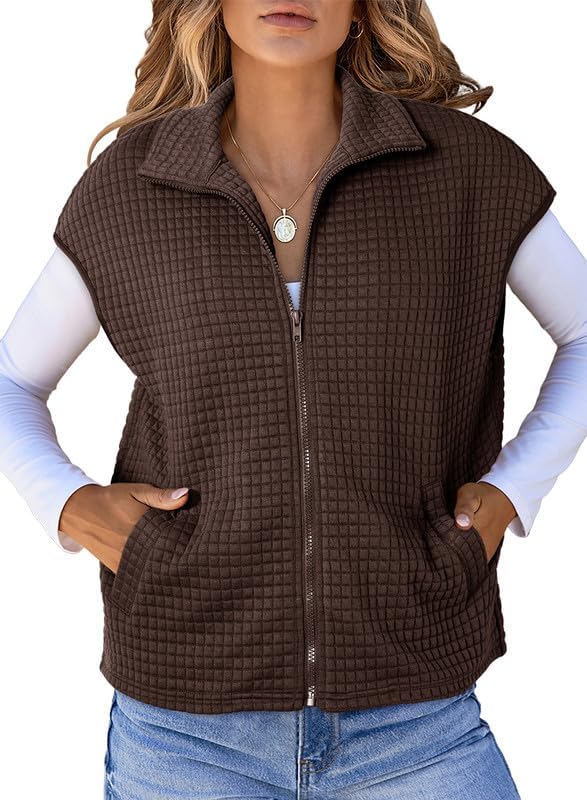 Womens Zipper Up Cap Sleeve Side Pockets Waffle Knit Sleeveless Oversized Vest Tops