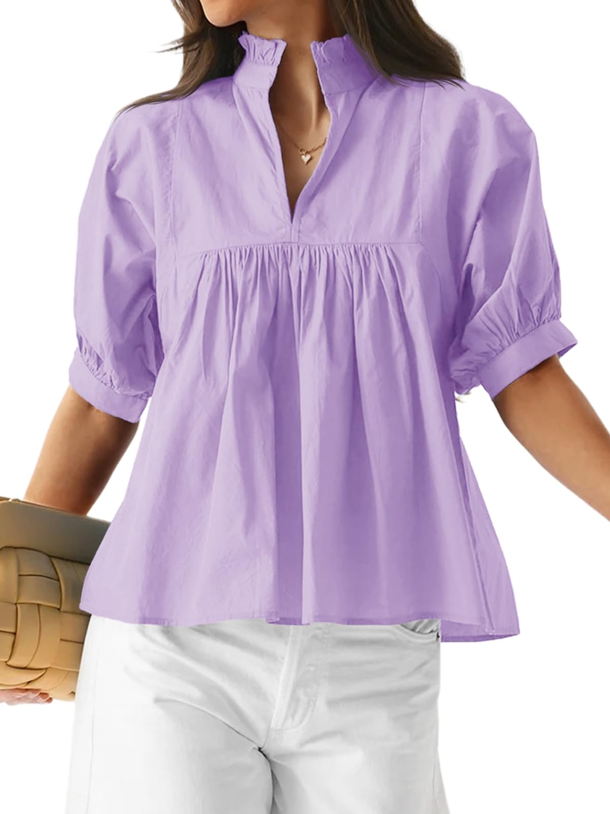 Womens Puff Sleeve V Neck Blouse Pleated Babydoll Peplum Tops