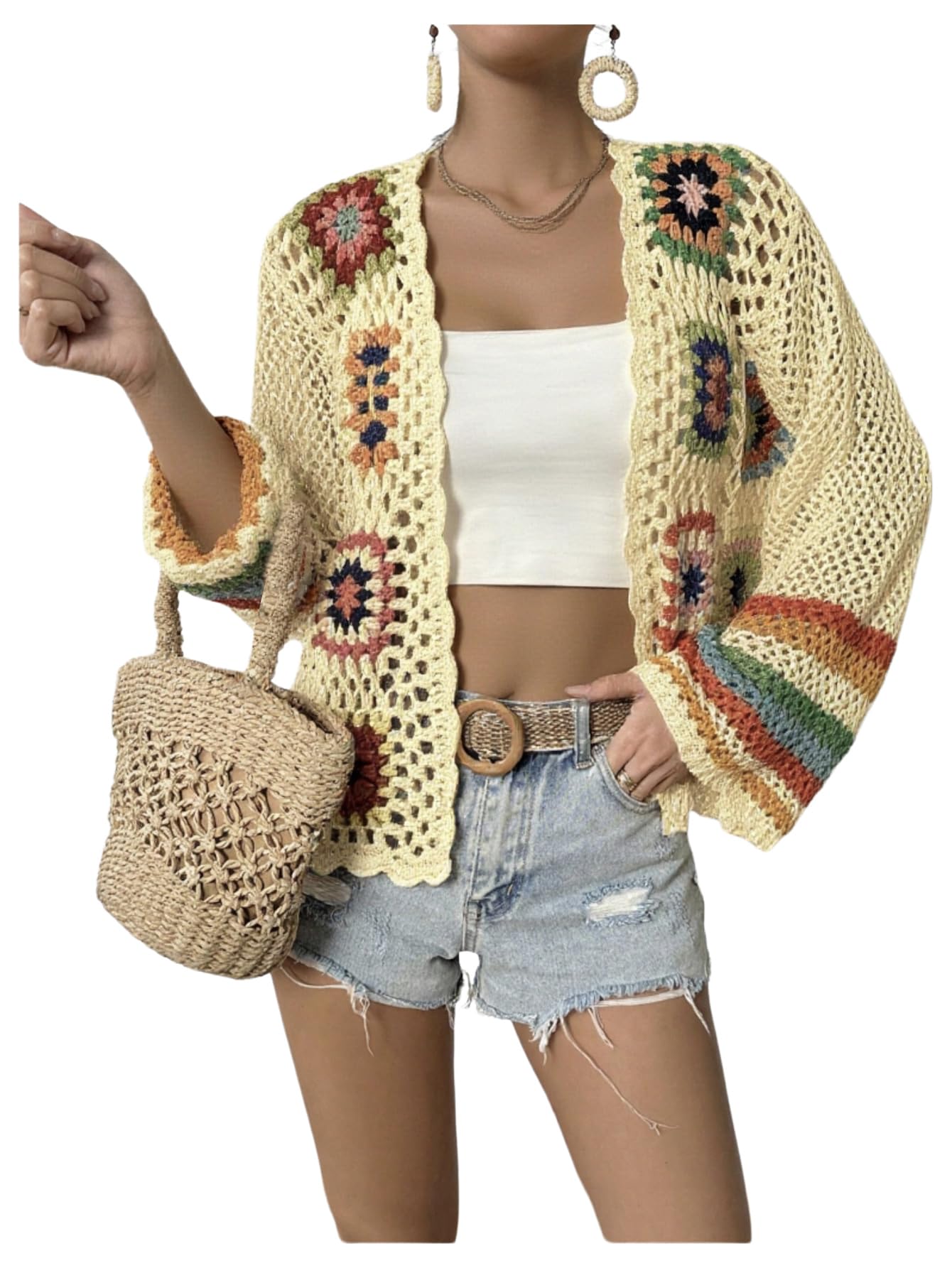 Women's Floral Crochet Cardigan Hollow Out Open Front Long Sleeve Cardigan