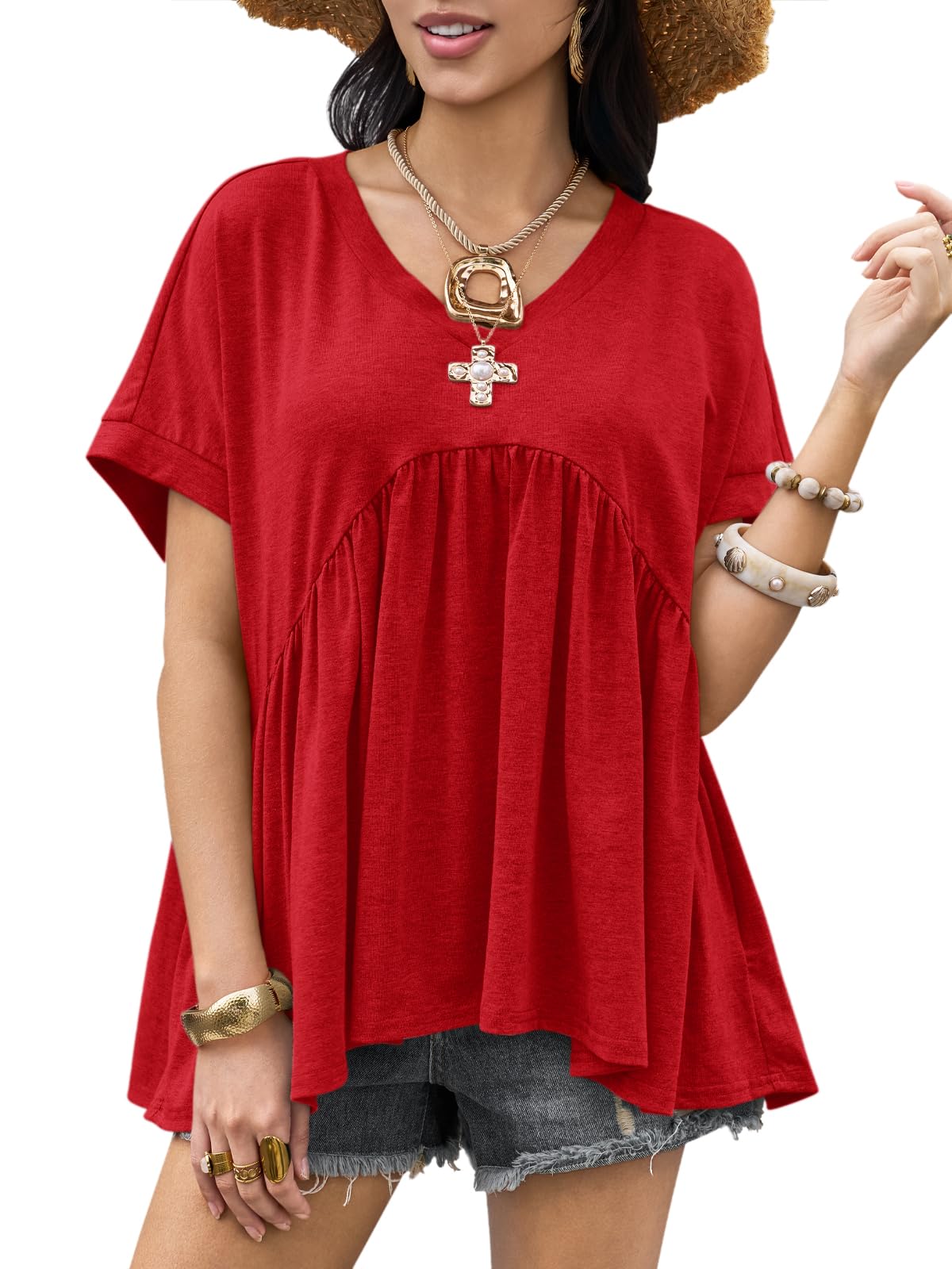 Womens Summer Peplum Tops Oversized Babydoll Short Sleeve V Neck T Shirts