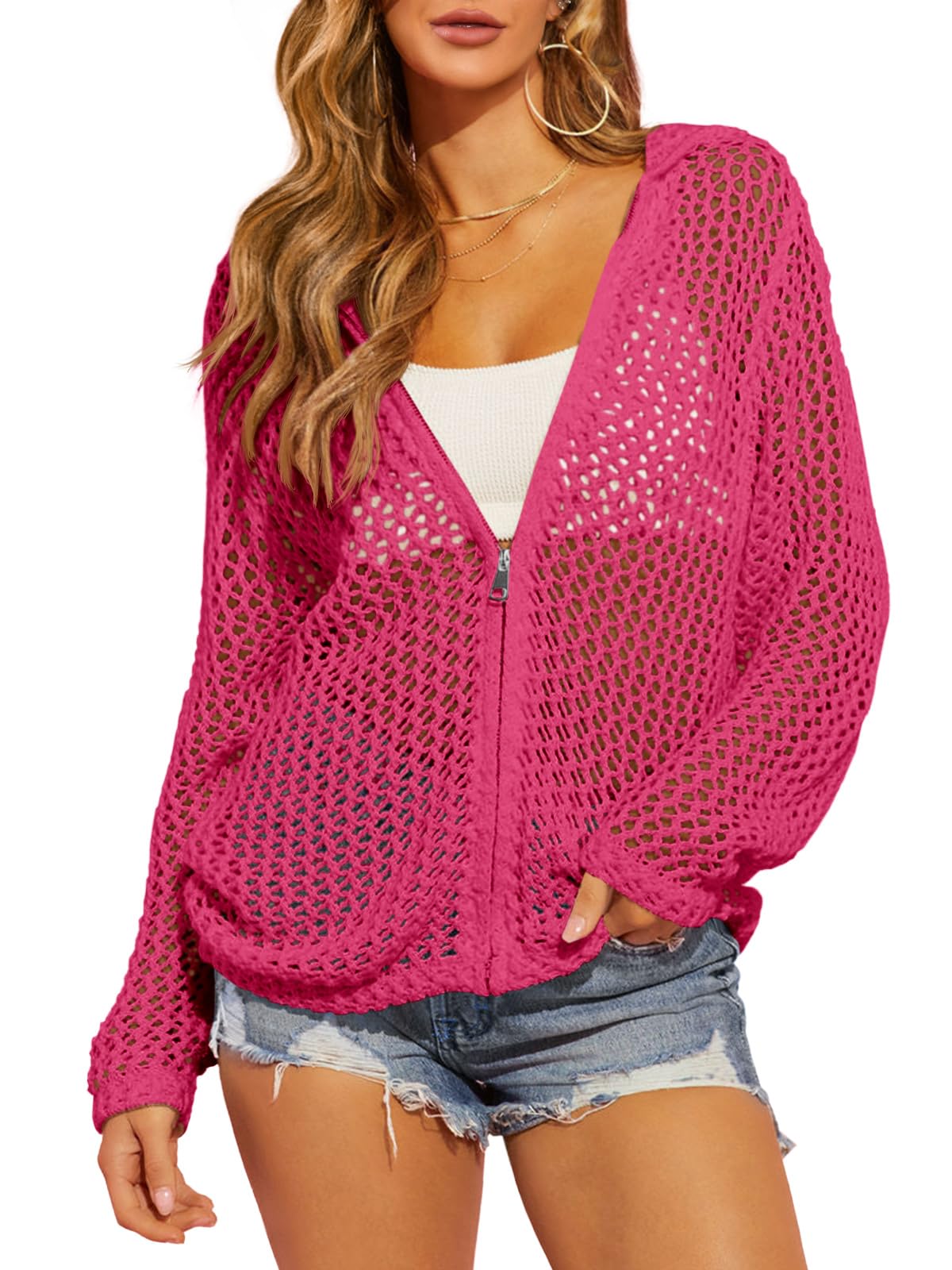 Womens Crochet Lightweight Cardigans Zip Up Hooded Long Sleeve Knit Sweaters Mesh Beach Swim Cover Up