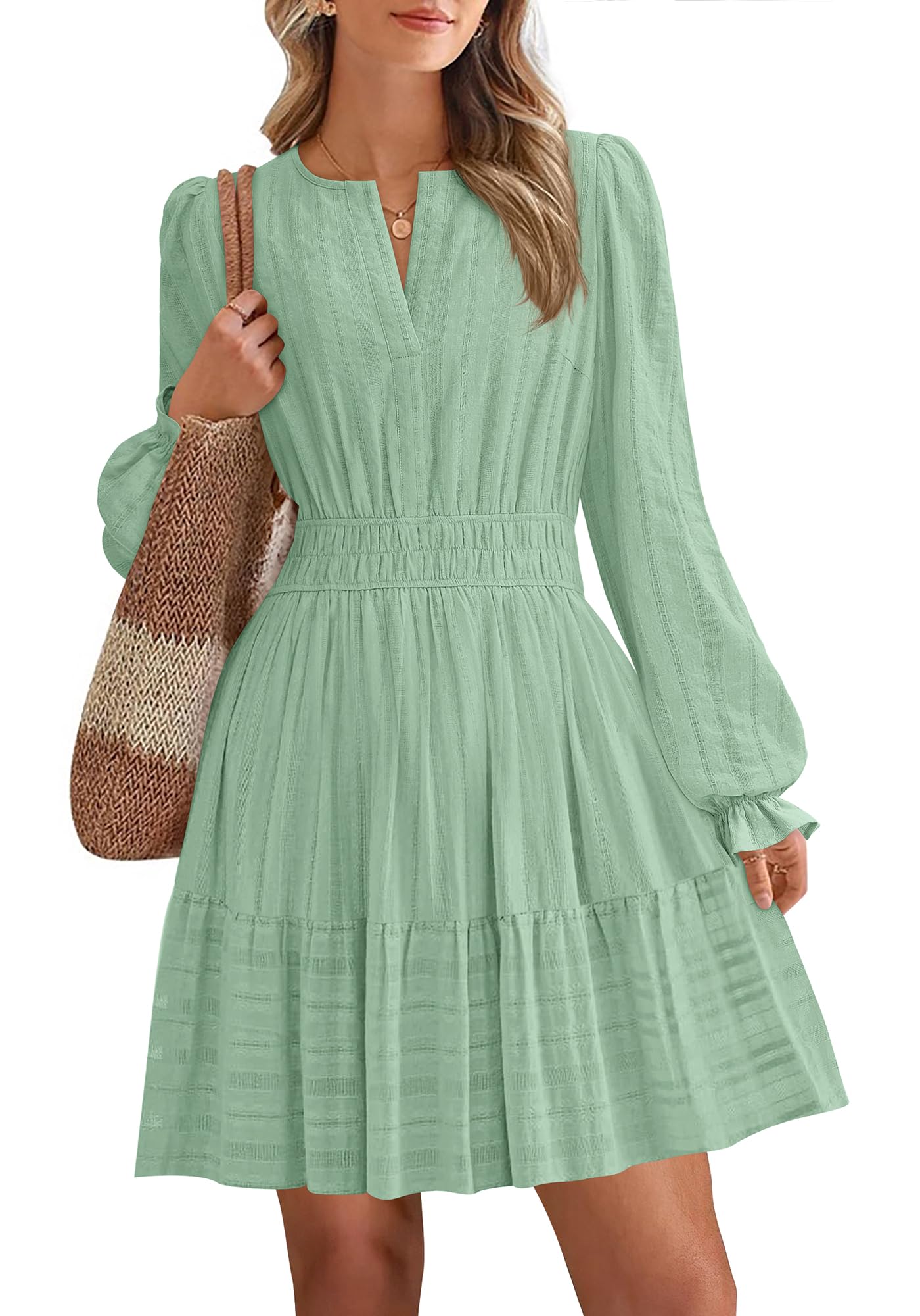 Women 2026 Casual Lightweight Long Sleeve V Neck A Line Elastic Waist Mini Dresses(50% OFF!!!)
