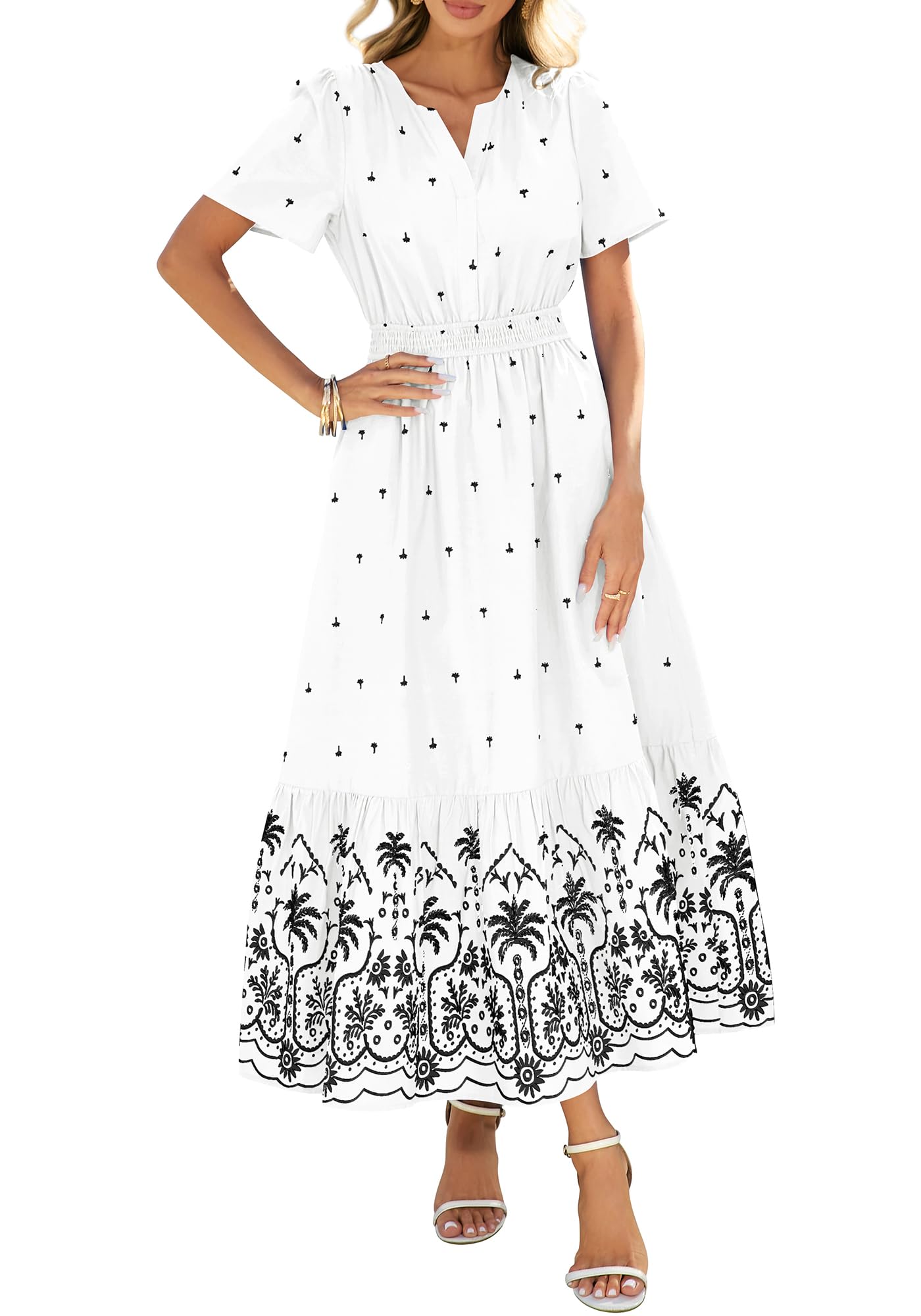 Womens Casual Short Sleeve Elastic Waist Flowy Beach Vacation Floral Boho Maxi Dress