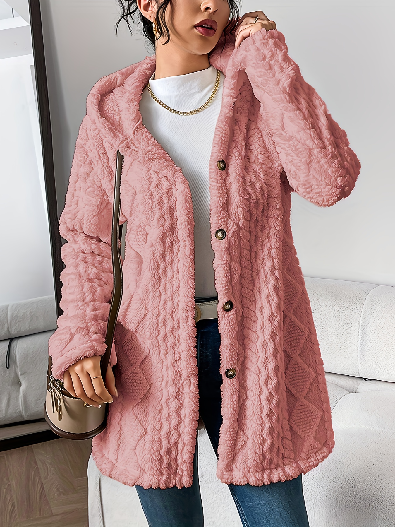 Womens Fuzzy Fleece Button Down Jacket Hooded Open Front Cardigan Sweater(BUY 2 FREE SHIPPING)