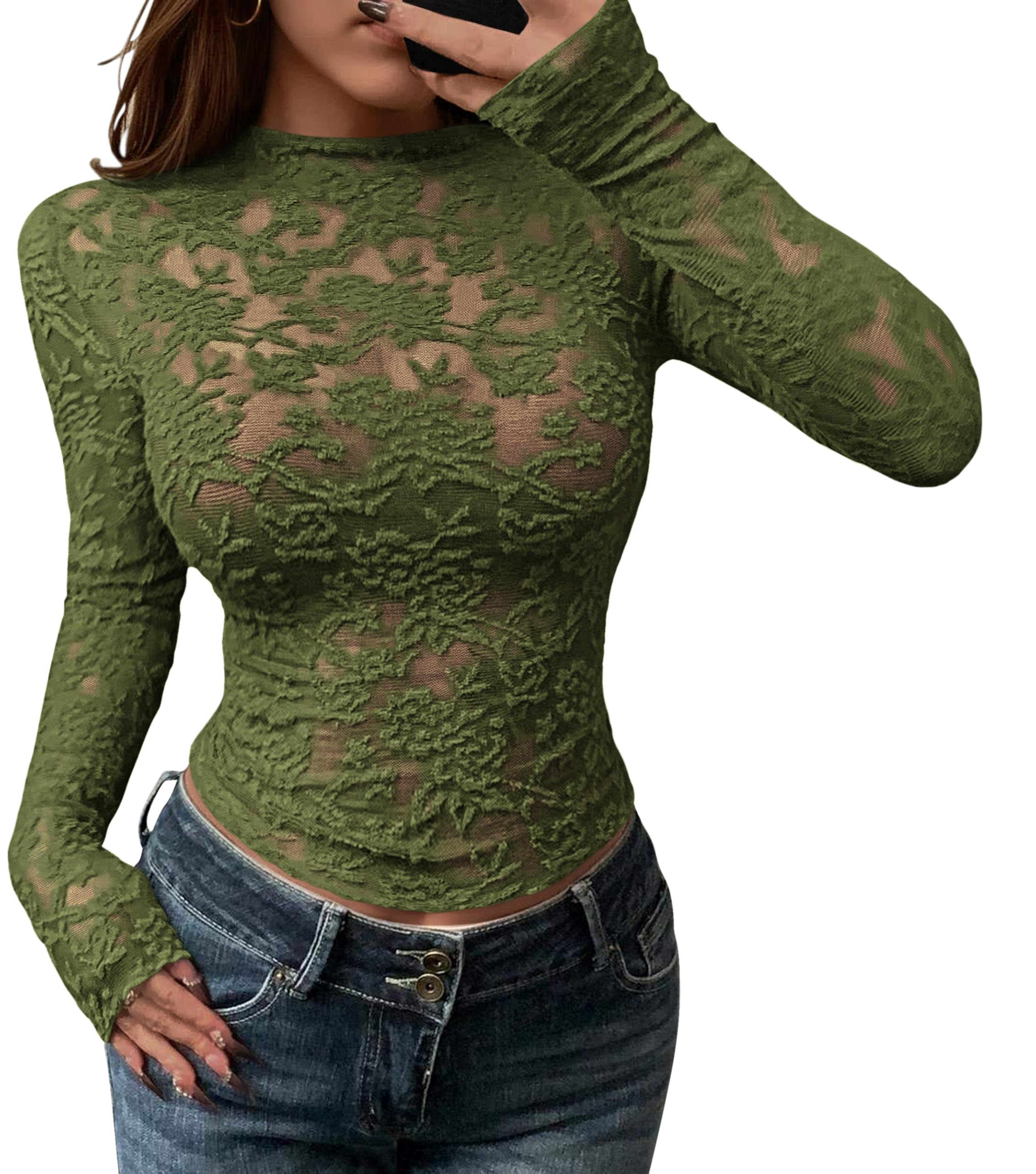 Women Lace Sexy Sheer Tight See Through Mesh Long Sleeve Tops(buy 2 free shipping)