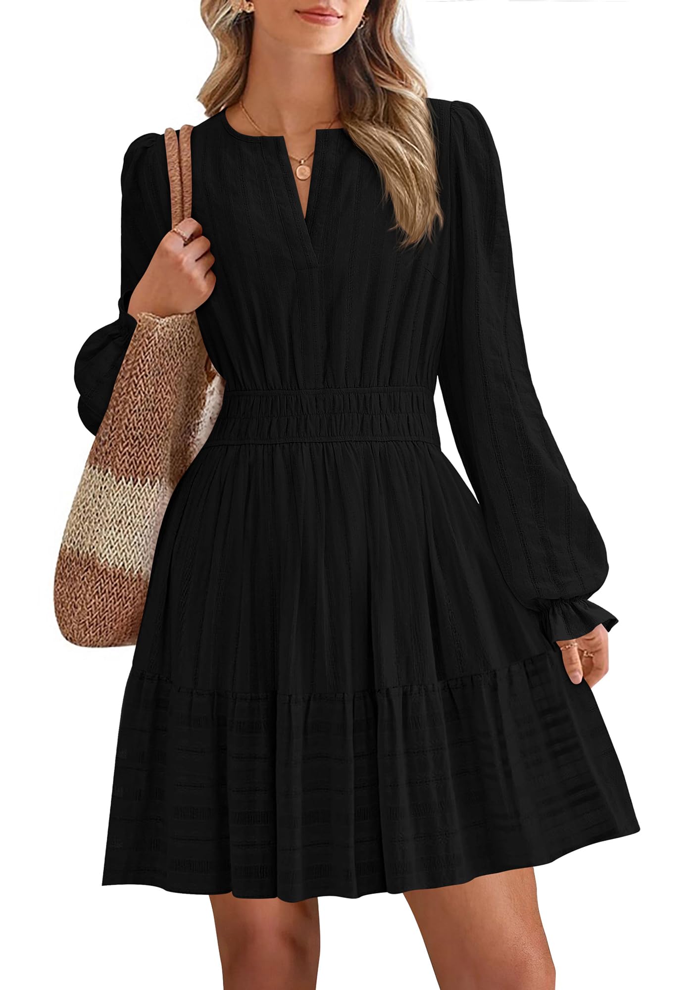 Women 2026 Casual Lightweight Long Sleeve V Neck A Line Elastic Waist Mini Dresses(50% OFF!!!)